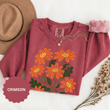 Orange Daisy Graphic Sweatshirt, Retro Floral Pullover for Flower Lovers, Groovy Botanical Top, Cheerful Garden Gift for Women