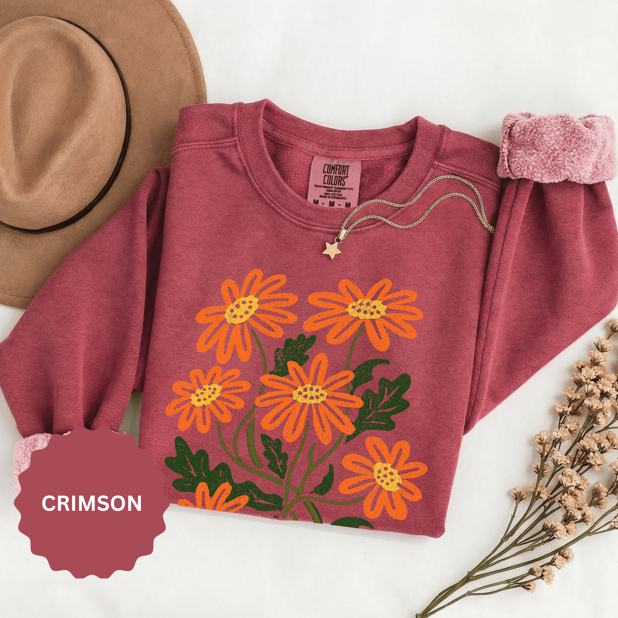 Orange Daisy Graphic Sweatshirt, Retro Floral Pullover for Flower Lovers, Groovy Botanical Top, Cheerful Garden Gift for Women