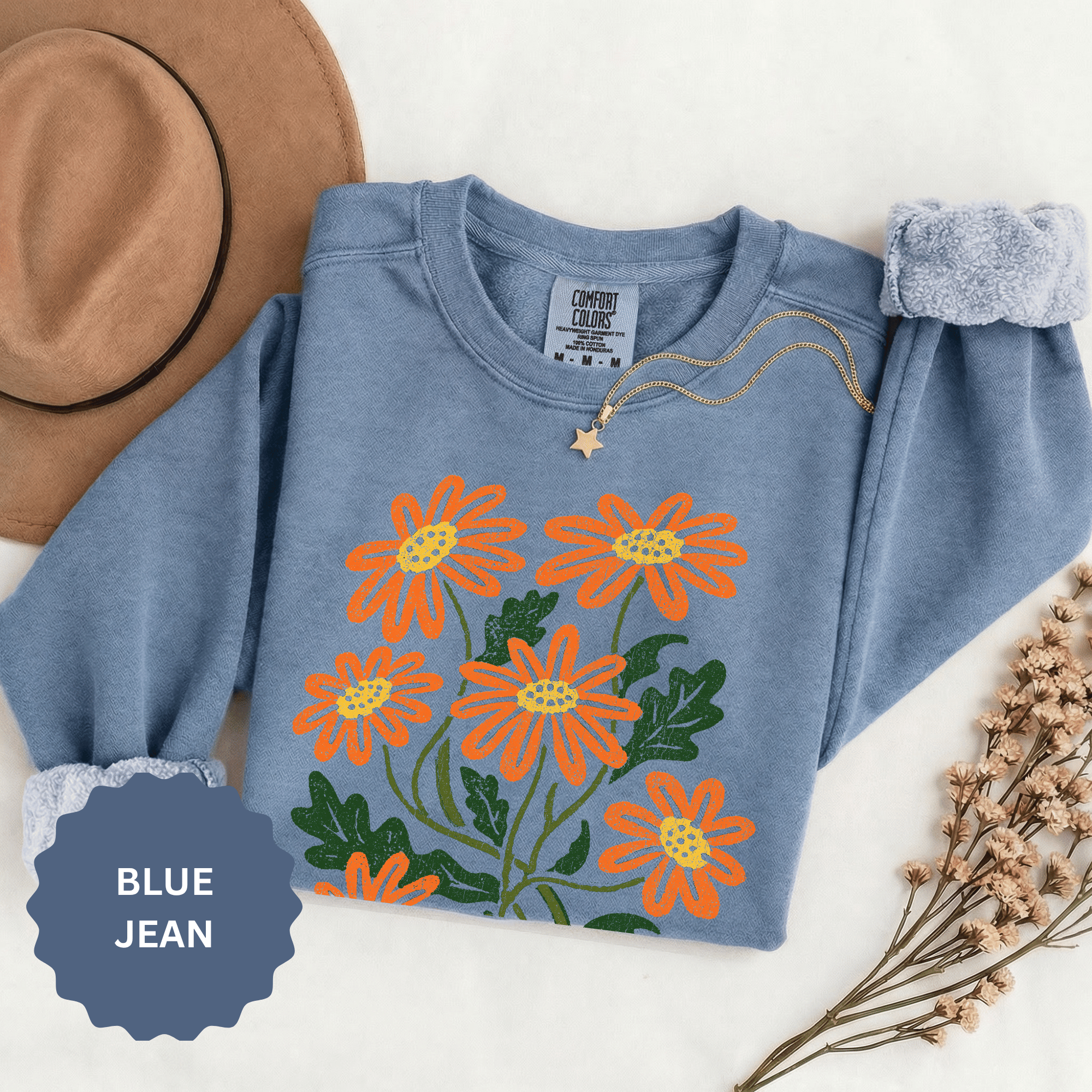 Orange Daisy Graphic Sweatshirt, Retro Floral Pullover for Flower Lovers, Groovy Botanical Top, Cheerful Garden Gift for Women
