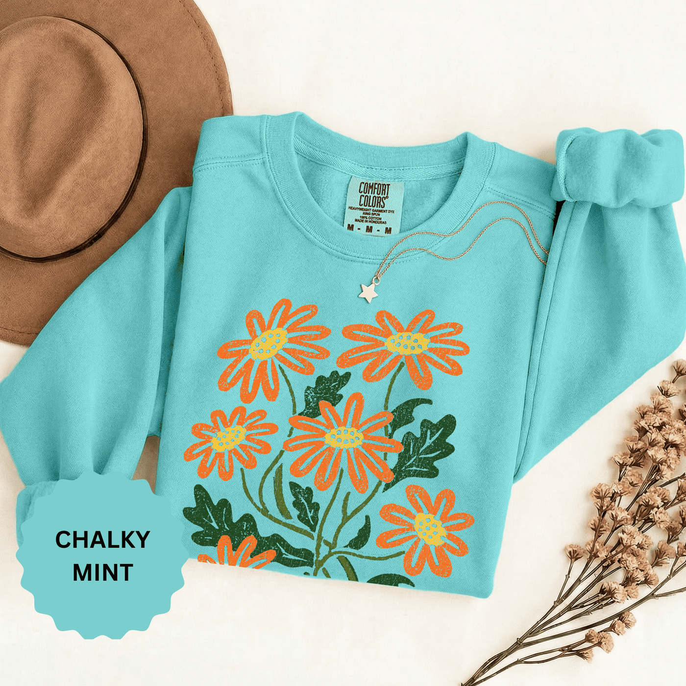 Orange Daisy Graphic Sweatshirt, Retro Floral Pullover for Flower Lovers, Groovy Botanical Top, Cheerful Garden Gift for Women