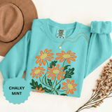 Orange Daisy Graphic Sweatshirt, Retro Floral Pullover for Flower Lovers, Groovy Botanical Top, Cheerful Garden Gift for Women