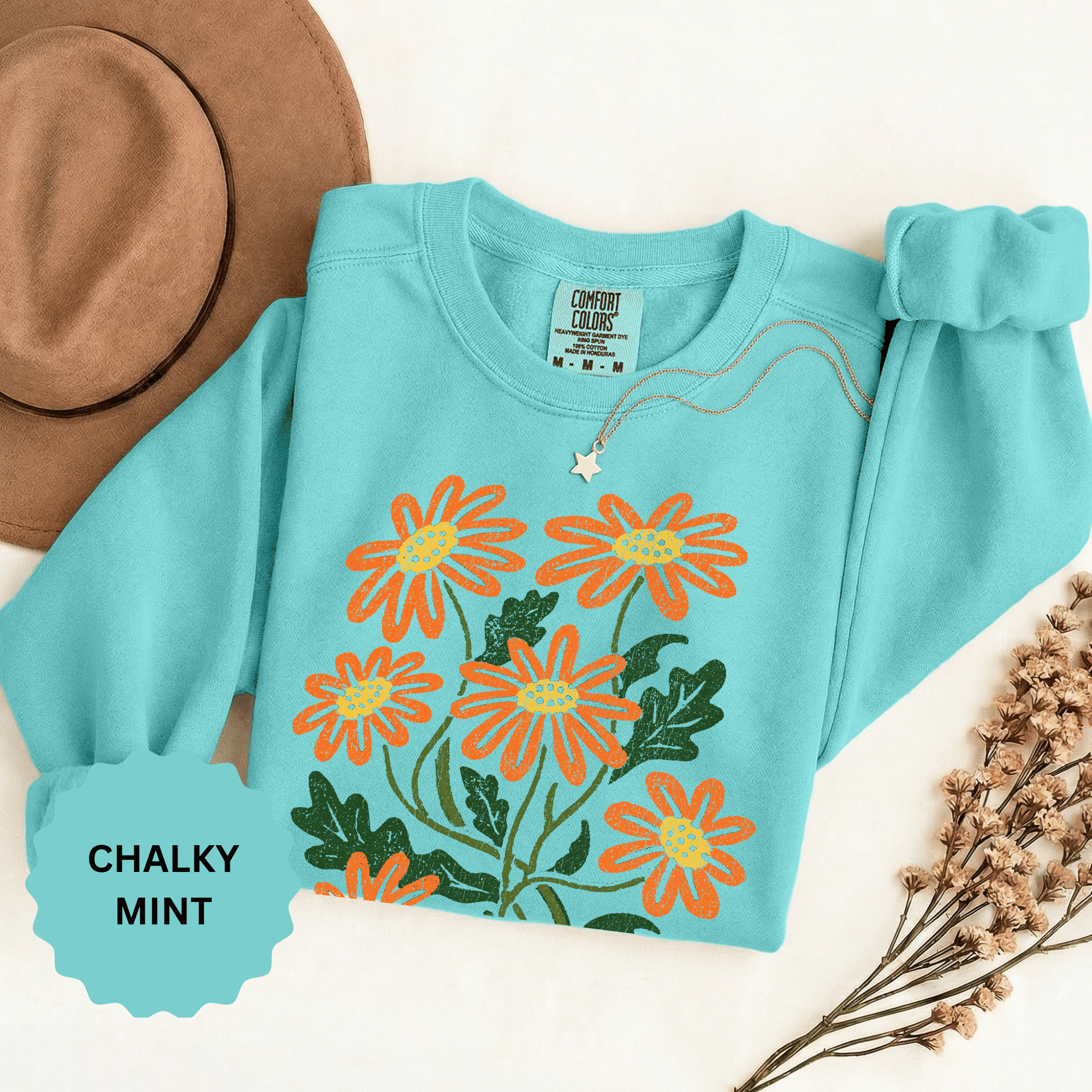 Orange Daisy Graphic Sweatshirt, Retro Floral Pullover for Flower Lovers, Groovy Botanical Top, Cheerful Garden Gift for Women