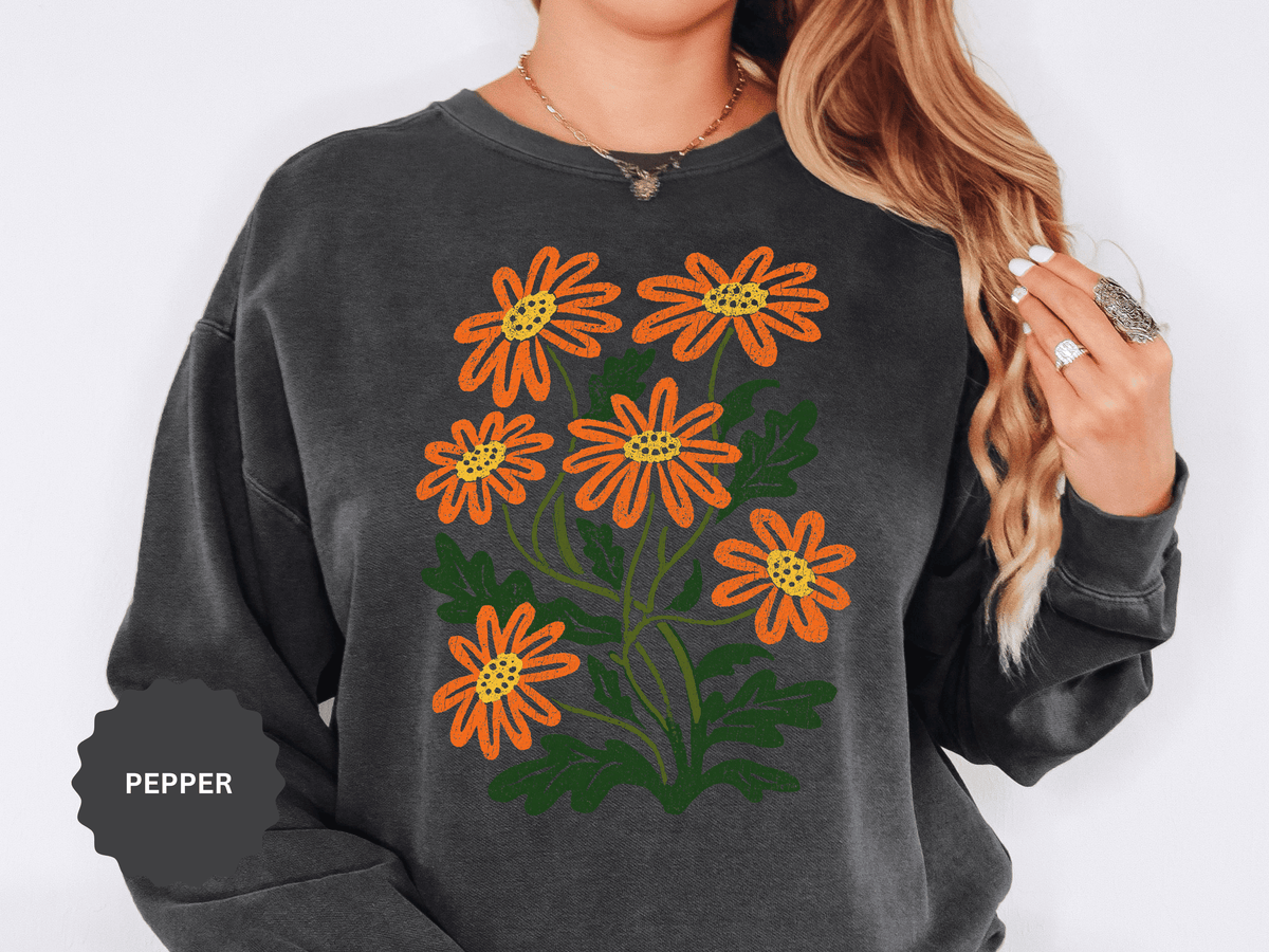 Orange Daisy Graphic Sweatshirt, Retro Floral Pullover for Flower Lovers, Groovy Botanical Top, Cheerful Garden Gift for Women