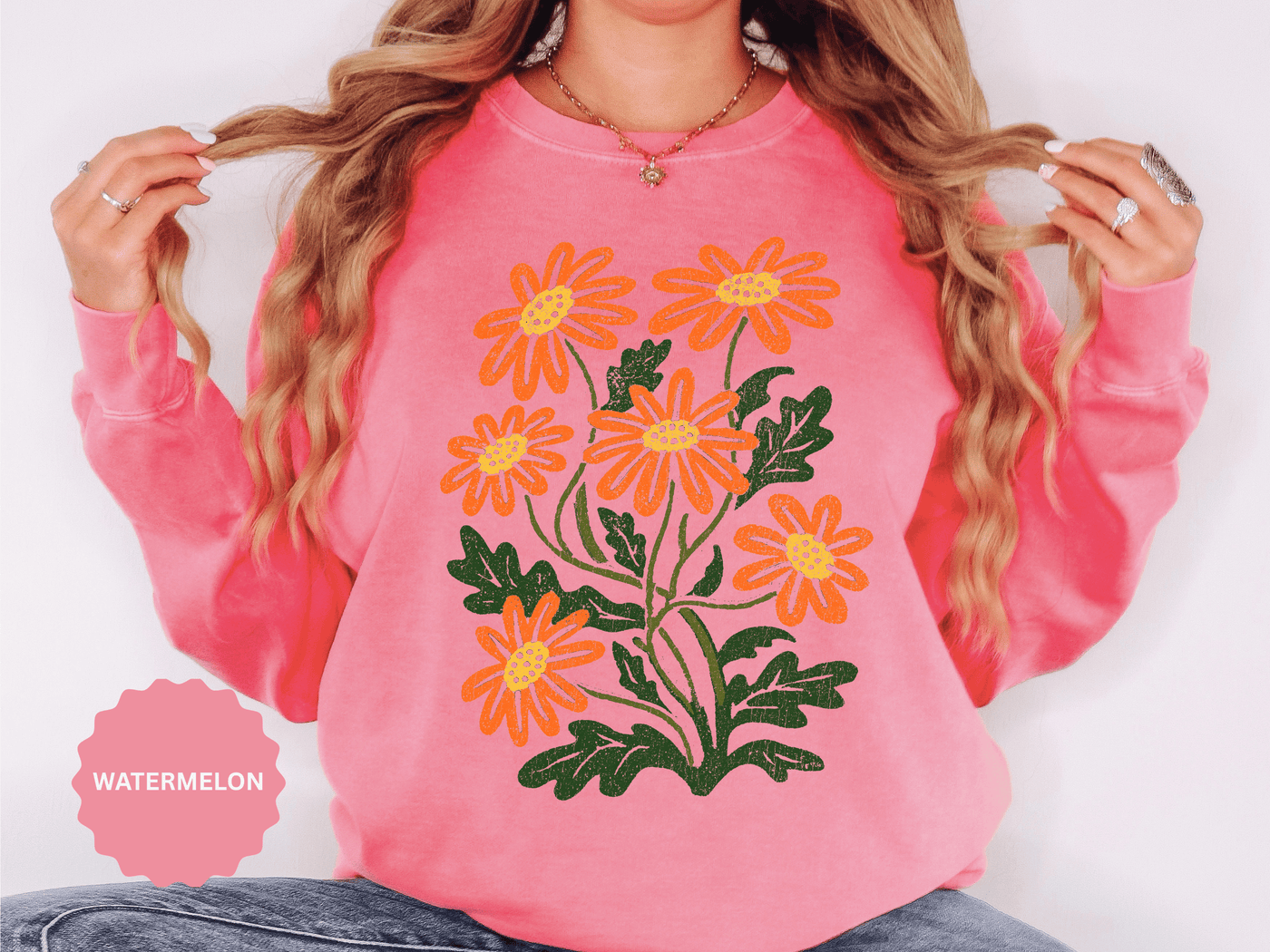 Orange Daisy Graphic Sweatshirt, Retro Floral Pullover for Flower Lovers, Groovy Botanical Top, Cheerful Garden Gift for Women