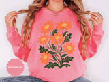 Orange Daisy Graphic Sweatshirt, Retro Floral Pullover for Flower Lovers, Groovy Botanical Top, Cheerful Garden Gift for Women