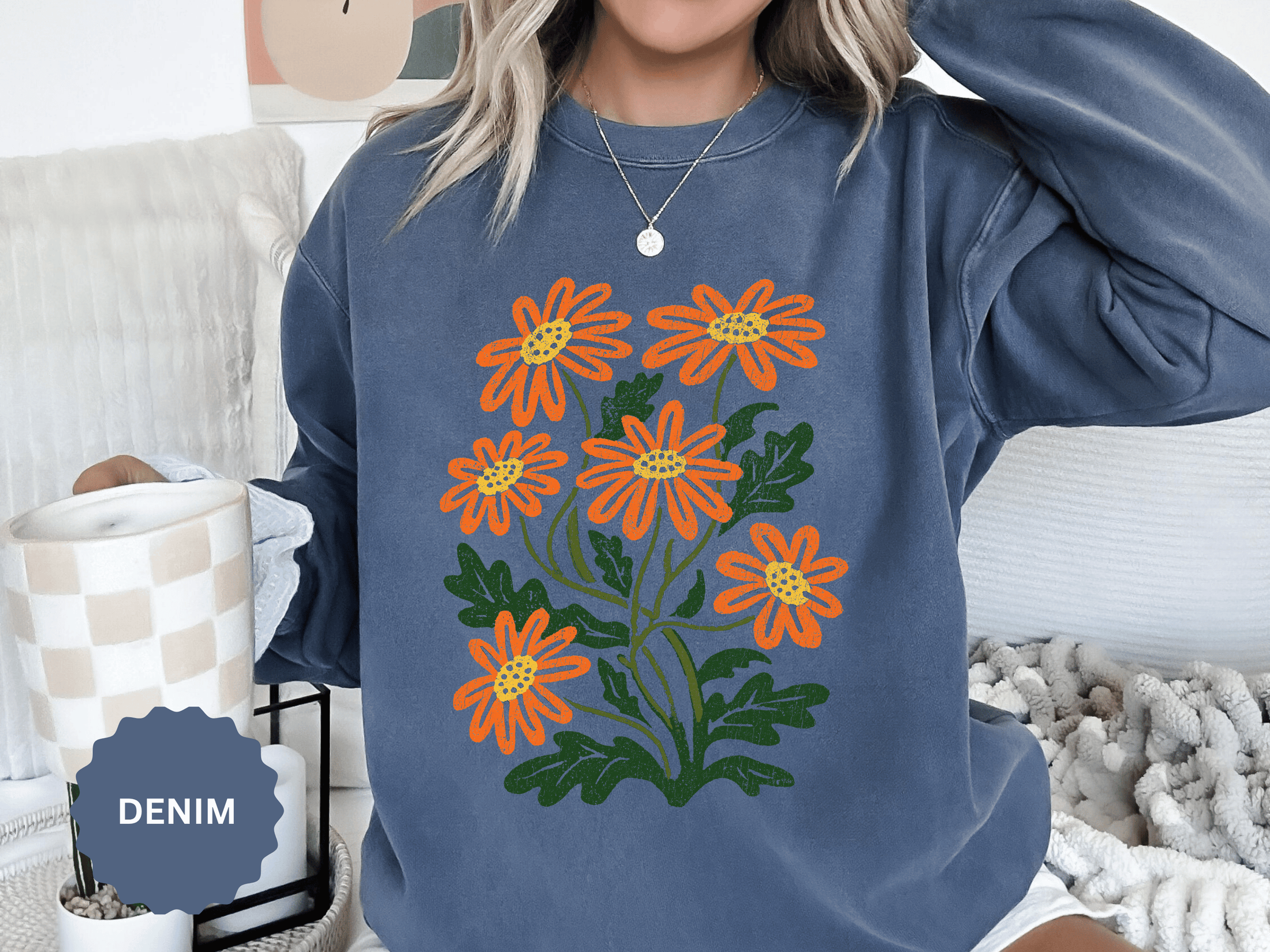 Orange Daisy Graphic Sweatshirt, Retro Floral Pullover for Flower Lovers, Groovy Botanical Top, Cheerful Garden Gift for Women