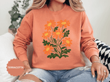 Orange Daisy Graphic Sweatshirt, Retro Floral Pullover for Flower Lovers, Groovy Botanical Top, Cheerful Garden Gift for Women