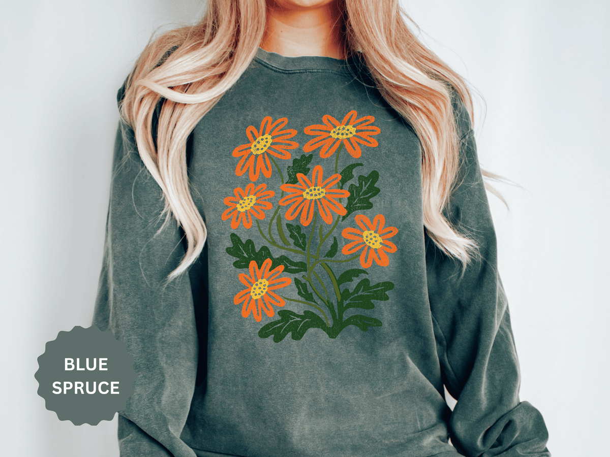 Orange Daisy Graphic Sweatshirt, Retro Floral Pullover for Flower Lovers, Groovy Botanical Top, Cheerful Garden Gift for Women