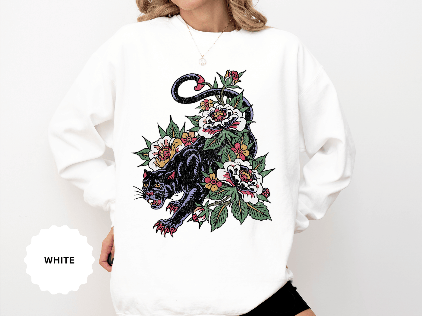 Traditional Panther Graphic Sweatshirt, Floral Tattoo Pullover for Men and Women, Old School Big Cat Top