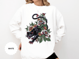 Traditional Panther Graphic Sweatshirt, Floral Tattoo Pullover for Men and Women, Old School Big Cat Top