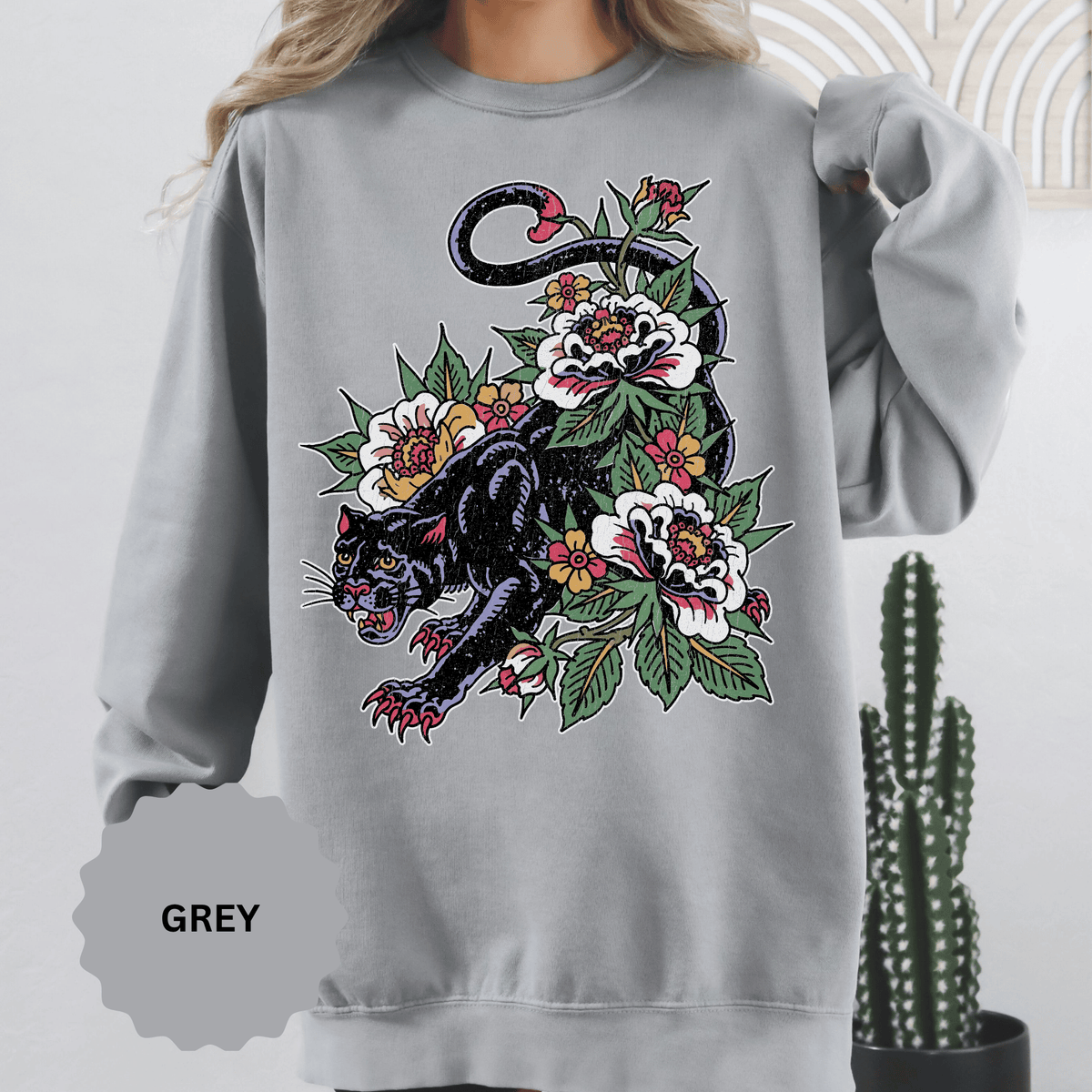 Traditional Panther Graphic Sweatshirt, Floral Tattoo Pullover for Men and Women, Old School Big Cat Top