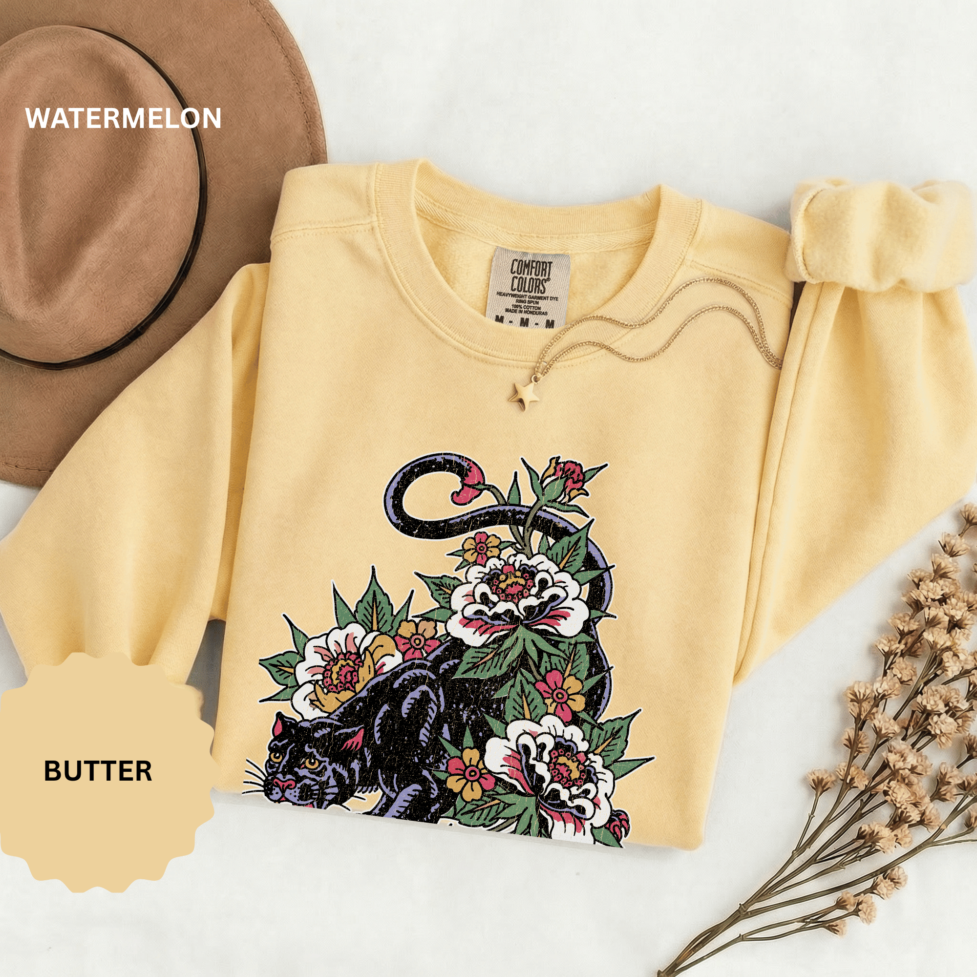 Traditional Panther Graphic Sweatshirt, Floral Tattoo Pullover for Men and Women, Old School Big Cat Top