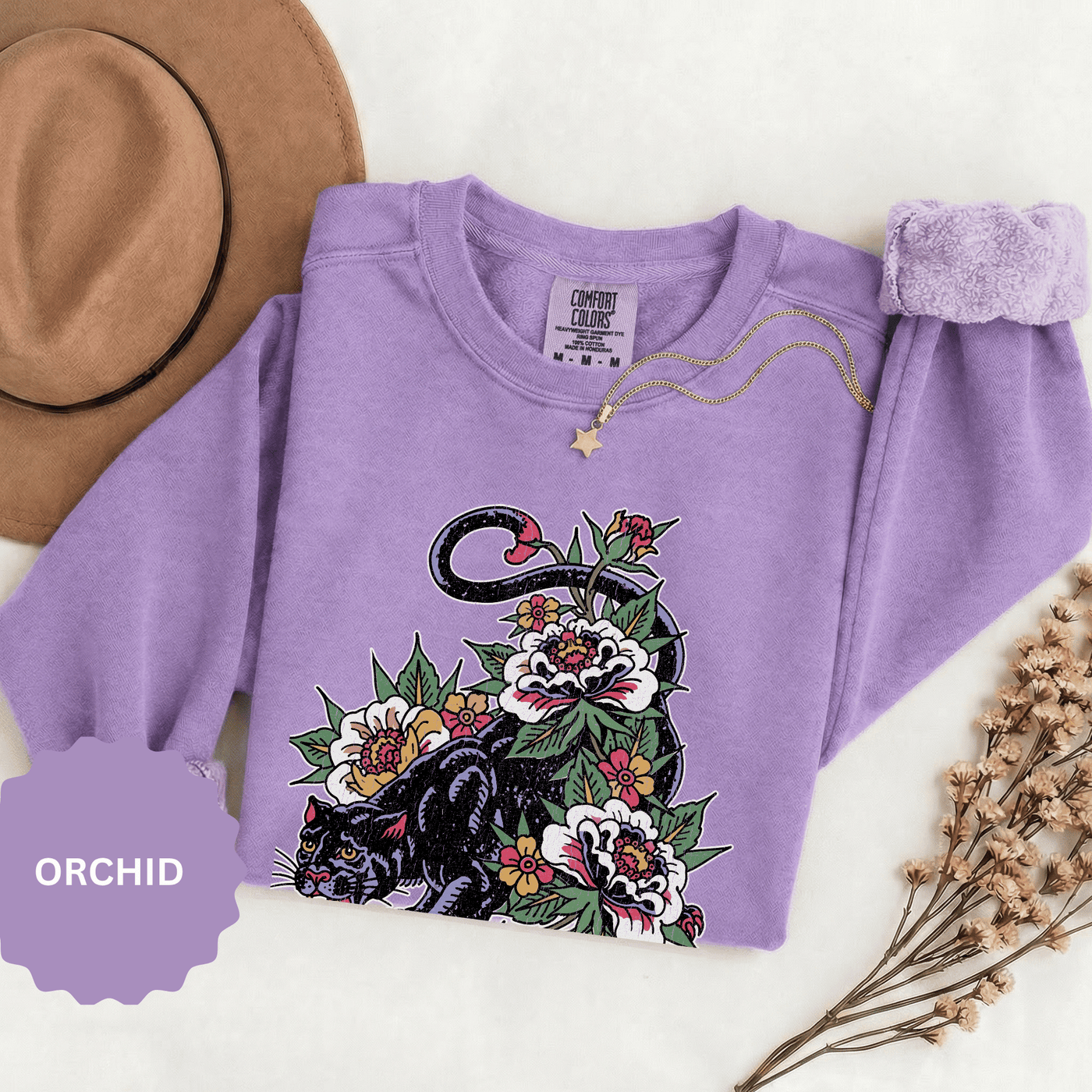 Traditional Panther Graphic Sweatshirt, Floral Tattoo Pullover for Men and Women, Old School Big Cat Top