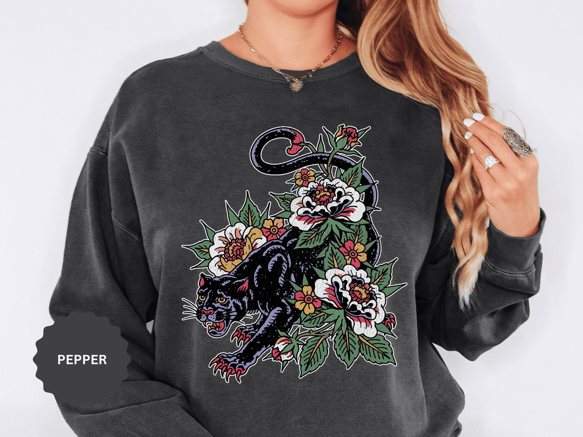 Traditional Panther Graphic Sweatshirt, Floral Tattoo Pullover for Men and Women, Old School Big Cat Top