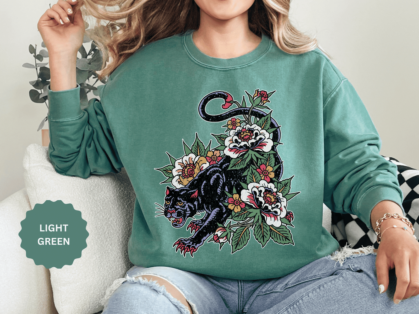 Traditional Panther Graphic Sweatshirt, Floral Tattoo Pullover for Men and Women, Old School Big Cat Top