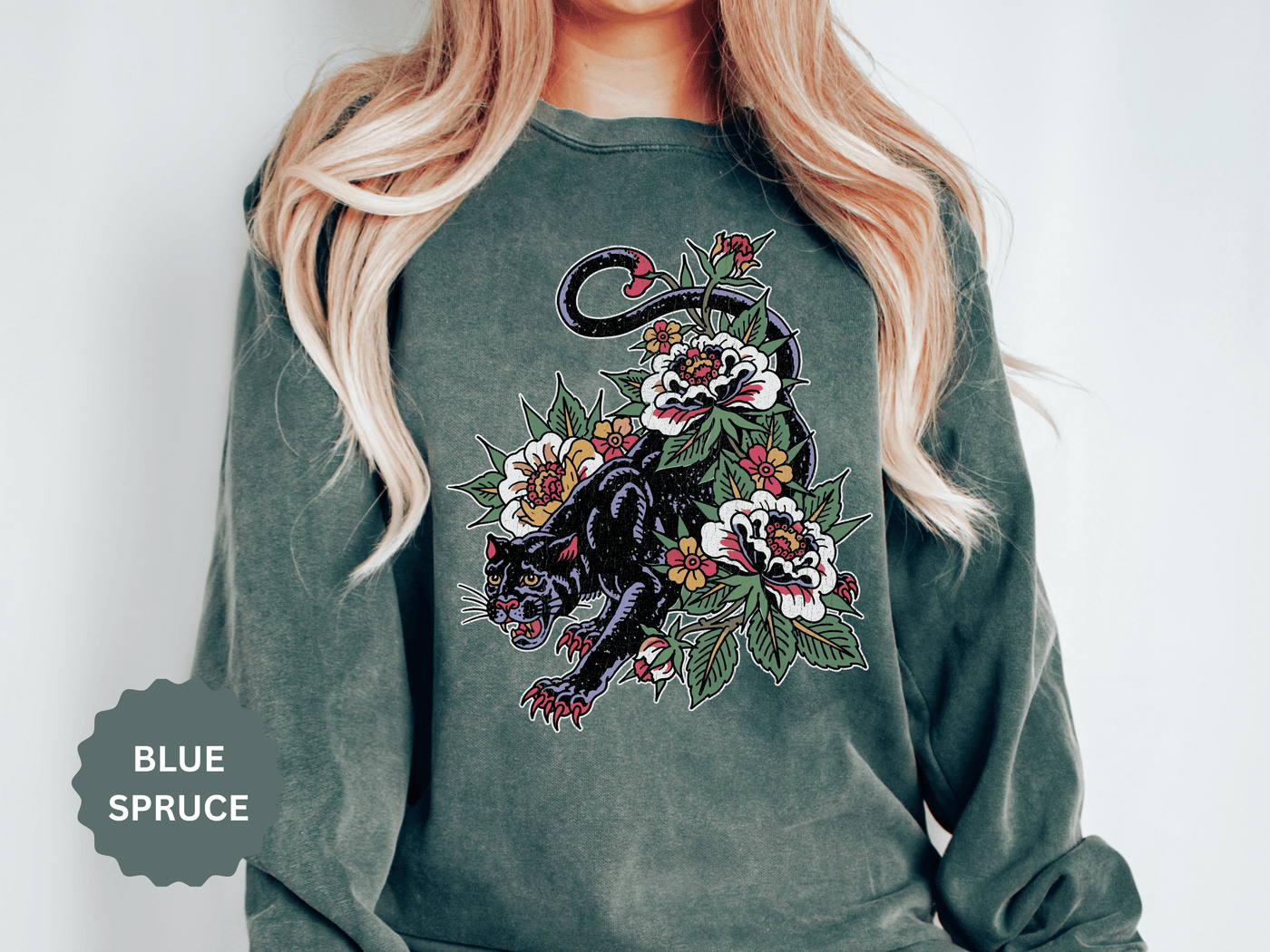 Traditional Panther Graphic Sweatshirt, Floral Tattoo Pullover for Men and Women, Old School Big Cat Top