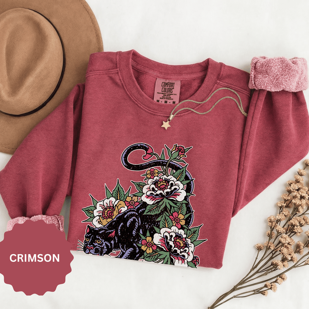 Traditional Panther Graphic Sweatshirt, Floral Tattoo Pullover for Men and Women, Old School Big Cat Top