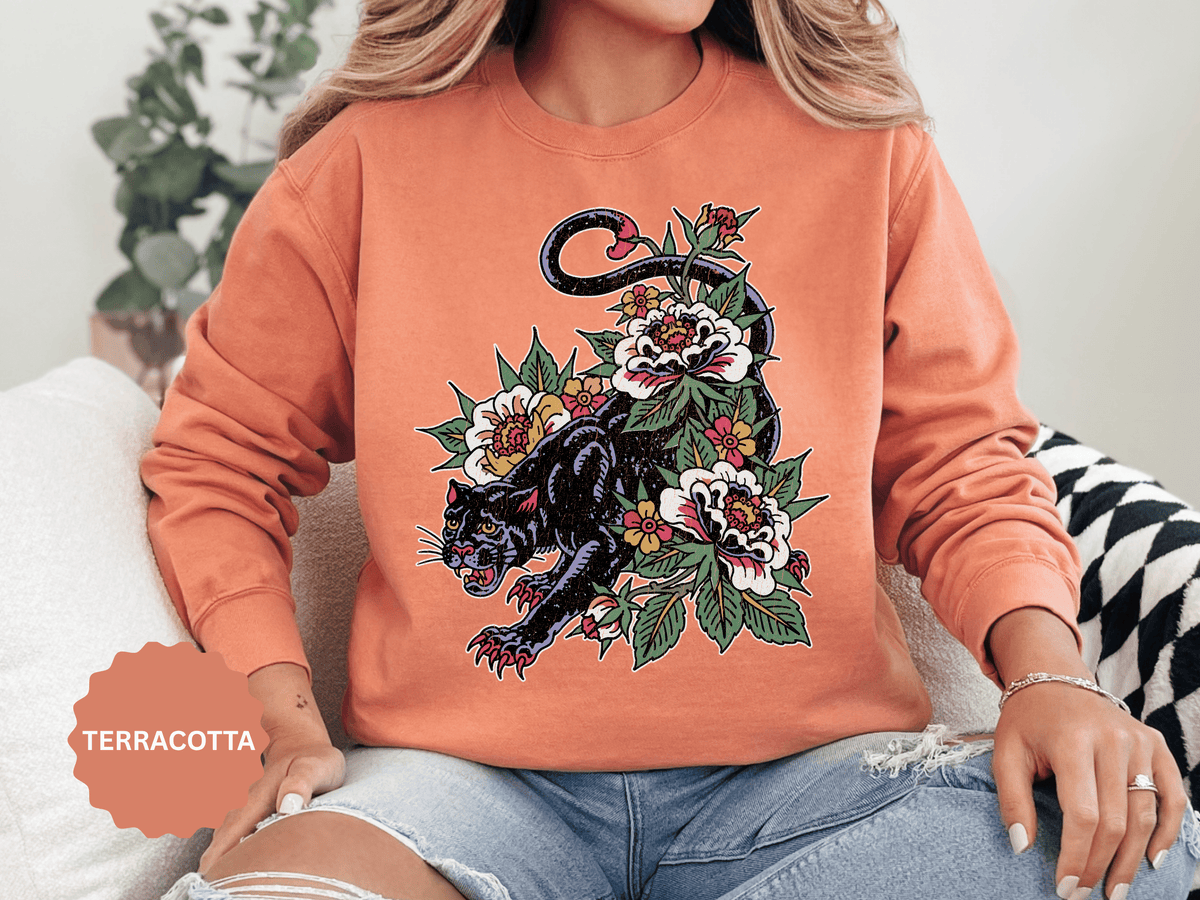 Traditional Panther Graphic Sweatshirt, Floral Tattoo Pullover for Men and Women, Old School Big Cat Top