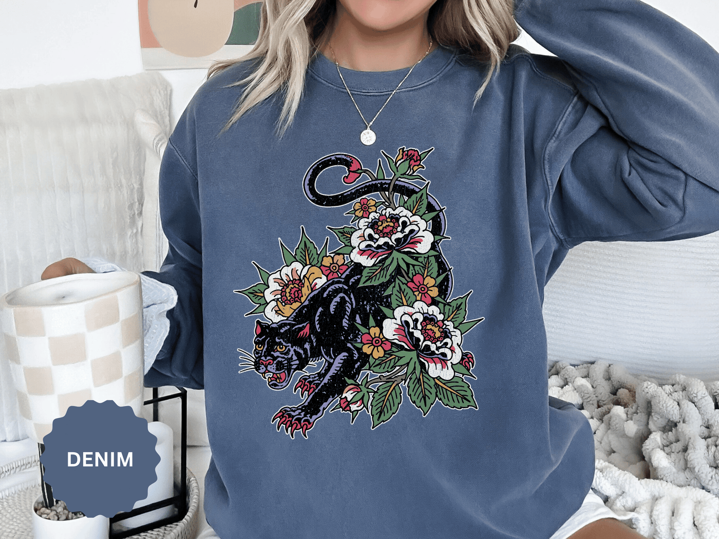 Traditional Panther Graphic Sweatshirt, Floral Tattoo Pullover for Men and Women, Old School Big Cat Top