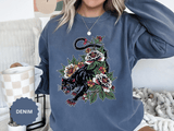 Traditional Panther Graphic Sweatshirt, Floral Tattoo Pullover for Men and Women, Old School Big Cat Top