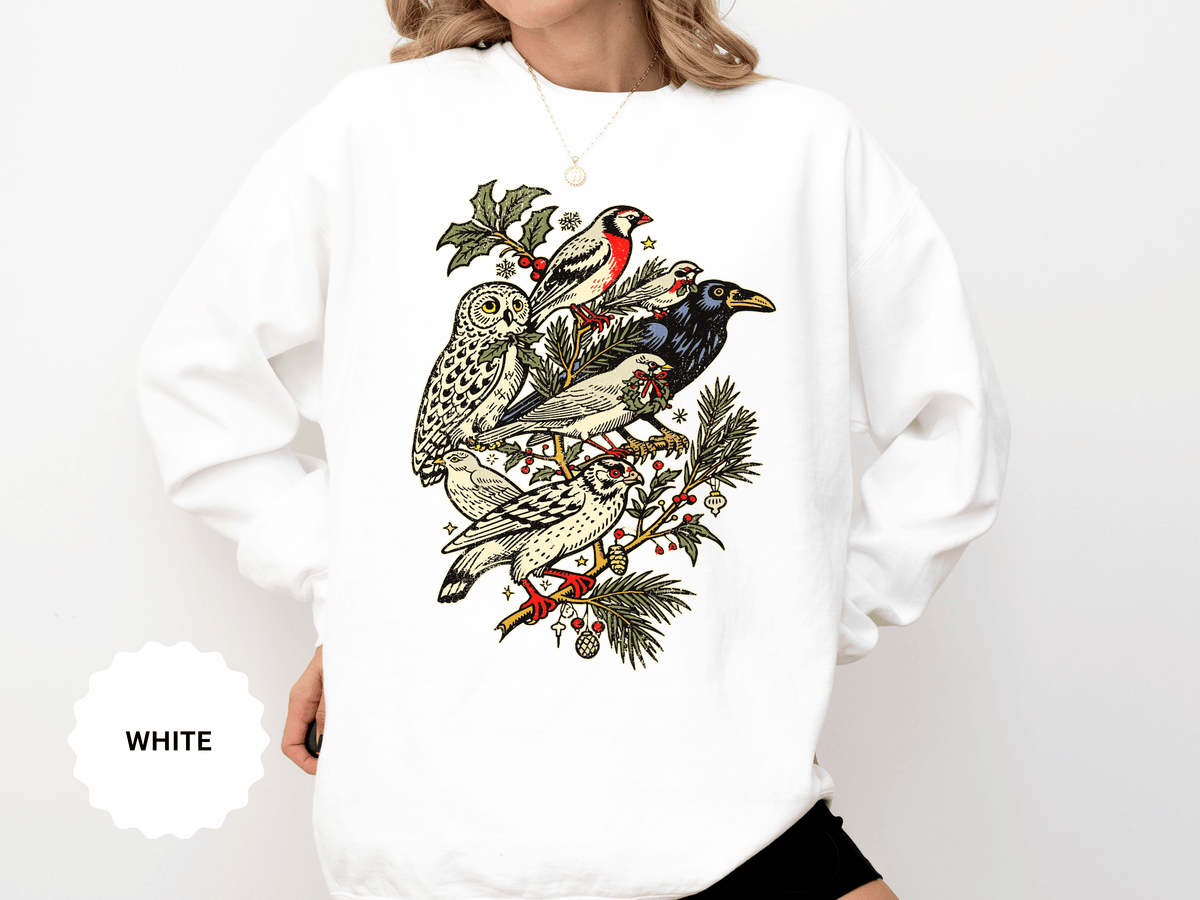 Winter Birds Graphic Sweatshirt, Vintage Woodland Pullover for Bird Lovers, Festive Nature Top, Cozy Christmas Gift for Birdwatchers
