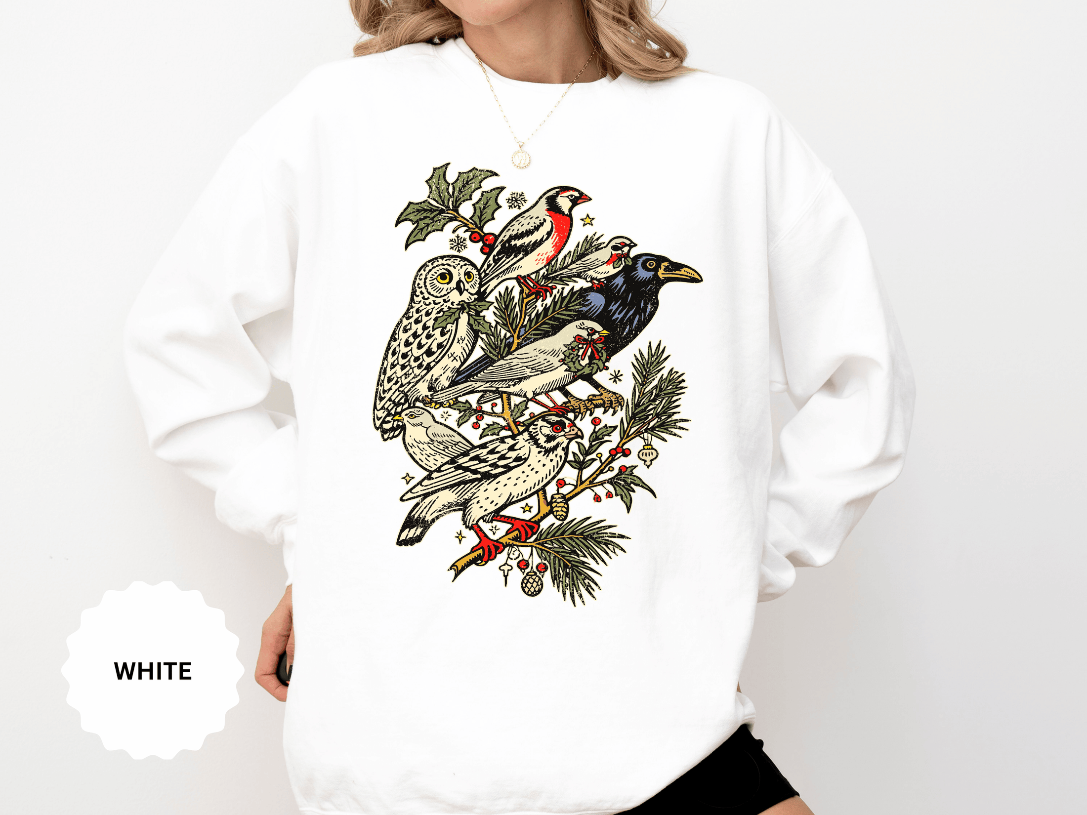 Winter Birds Graphic Sweatshirt, Vintage Woodland Pullover for Bird Lovers, Festive Nature Top, Cozy Christmas Gift for Birdwatchers