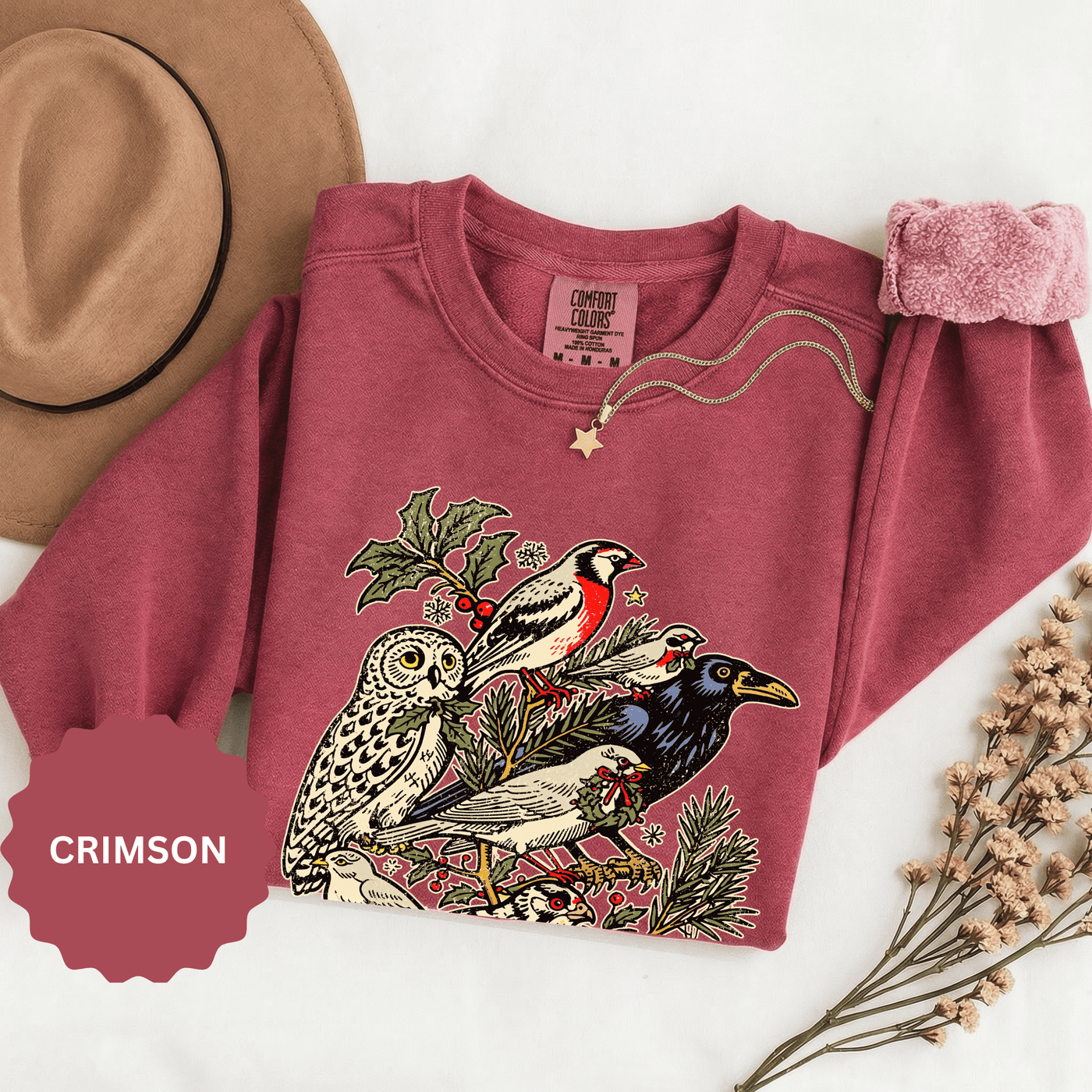 Winter Birds Graphic Sweatshirt, Vintage Woodland Pullover for Bird Lovers, Festive Nature Top, Cozy Christmas Gift for Birdwatchers