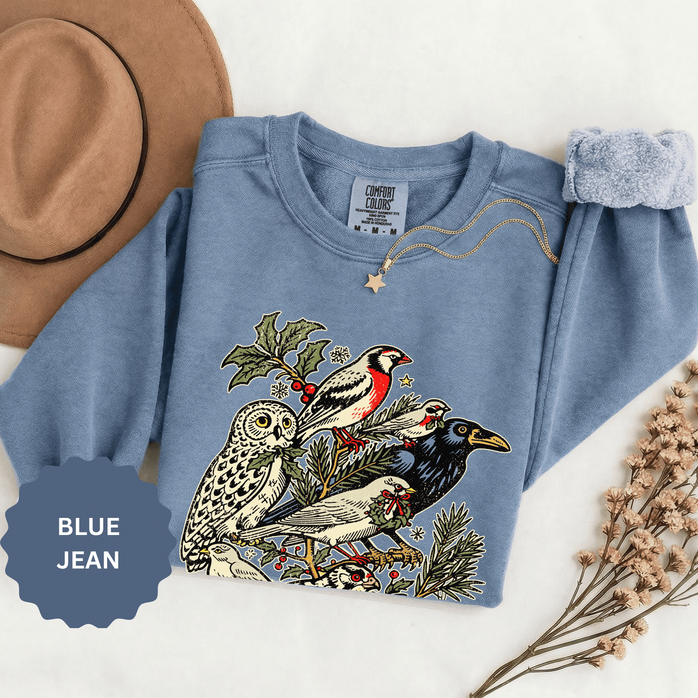 Winter Birds Graphic Sweatshirt, Vintage Woodland Pullover for Bird Lovers, Festive Nature Top, Cozy Christmas Gift for Birdwatchers