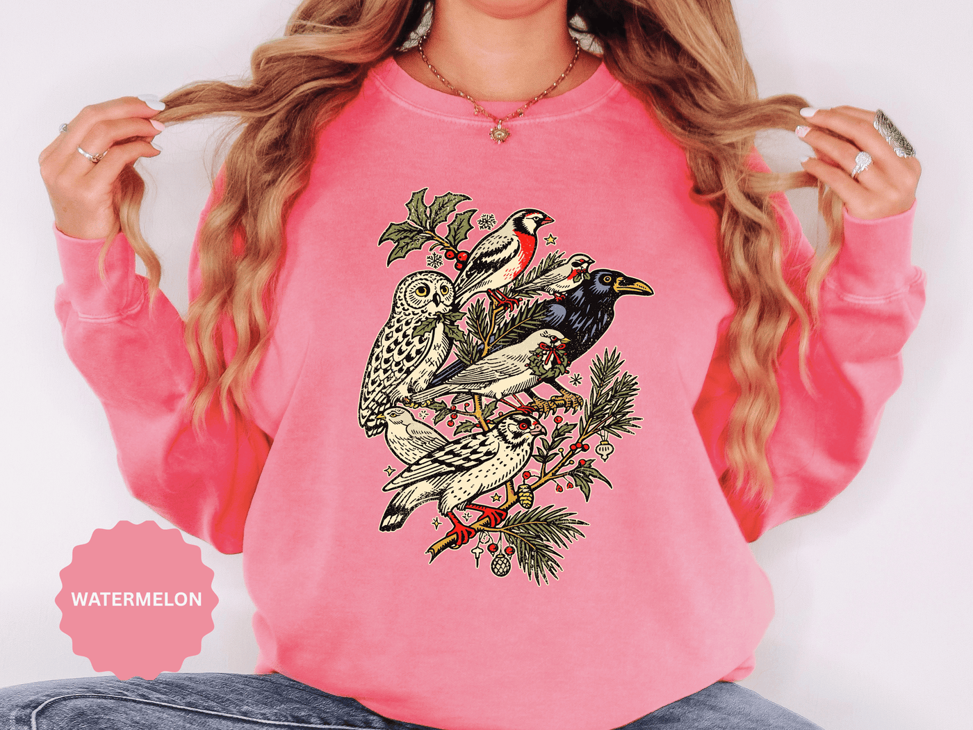 Winter Birds Graphic Sweatshirt, Vintage Woodland Pullover for Bird Lovers, Festive Nature Top, Cozy Christmas Gift for Birdwatchers