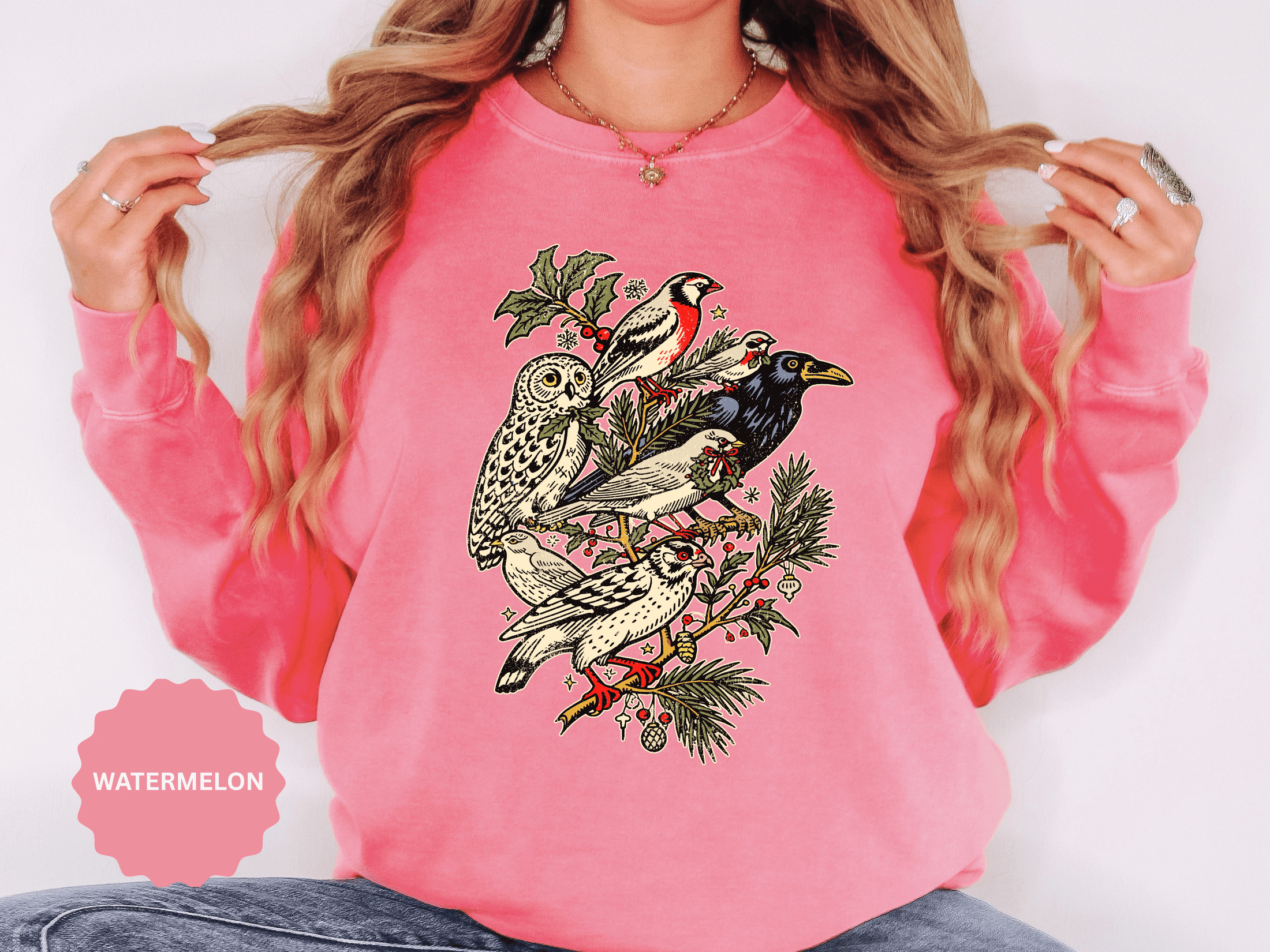 Winter Birds Graphic Sweatshirt, Vintage Woodland Pullover for Bird Lovers, Festive Nature Top, Cozy Christmas Gift for Birdwatchers