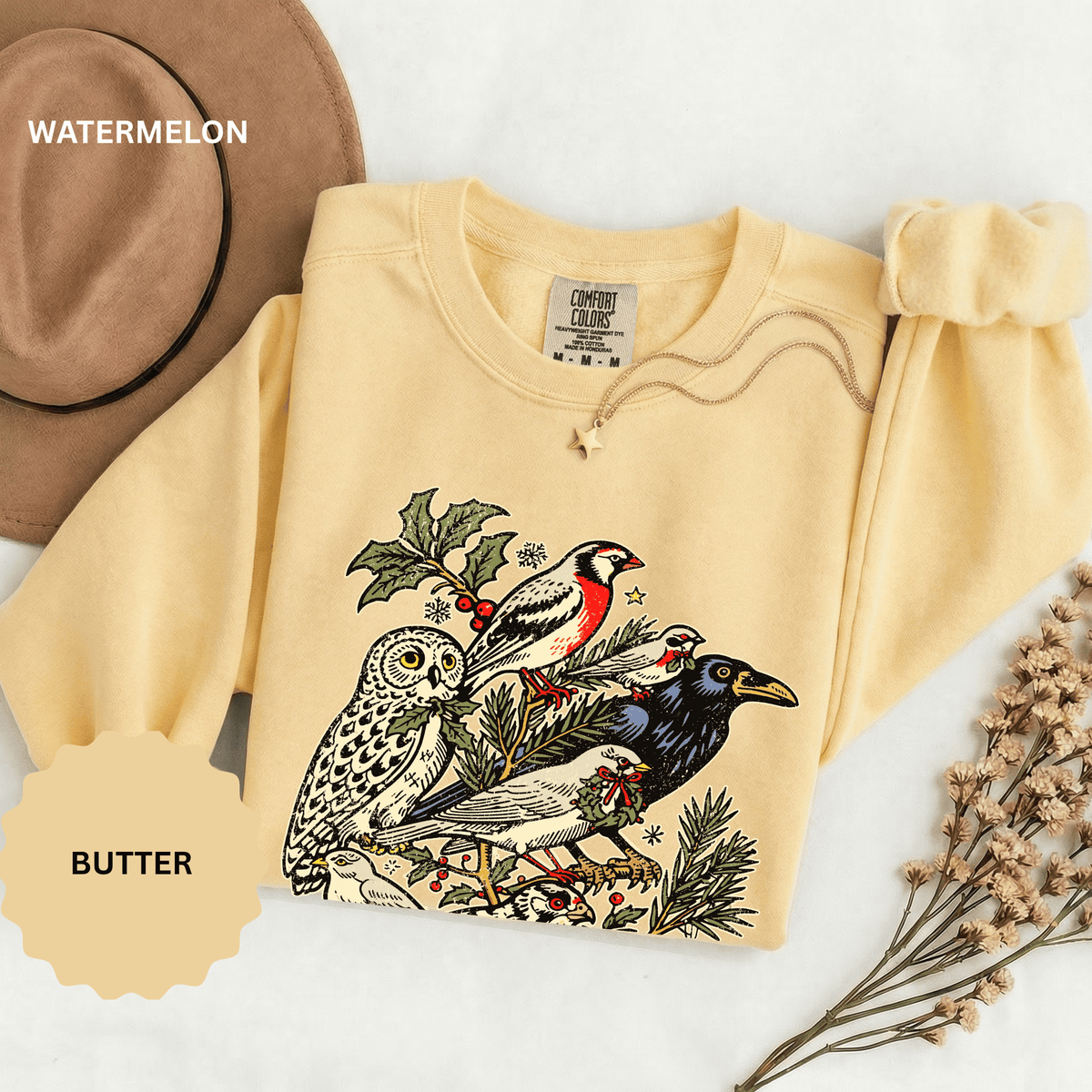 Winter Birds Graphic Sweatshirt, Vintage Woodland Pullover for Bird Lovers, Festive Nature Top, Cozy Christmas Gift for Birdwatchers