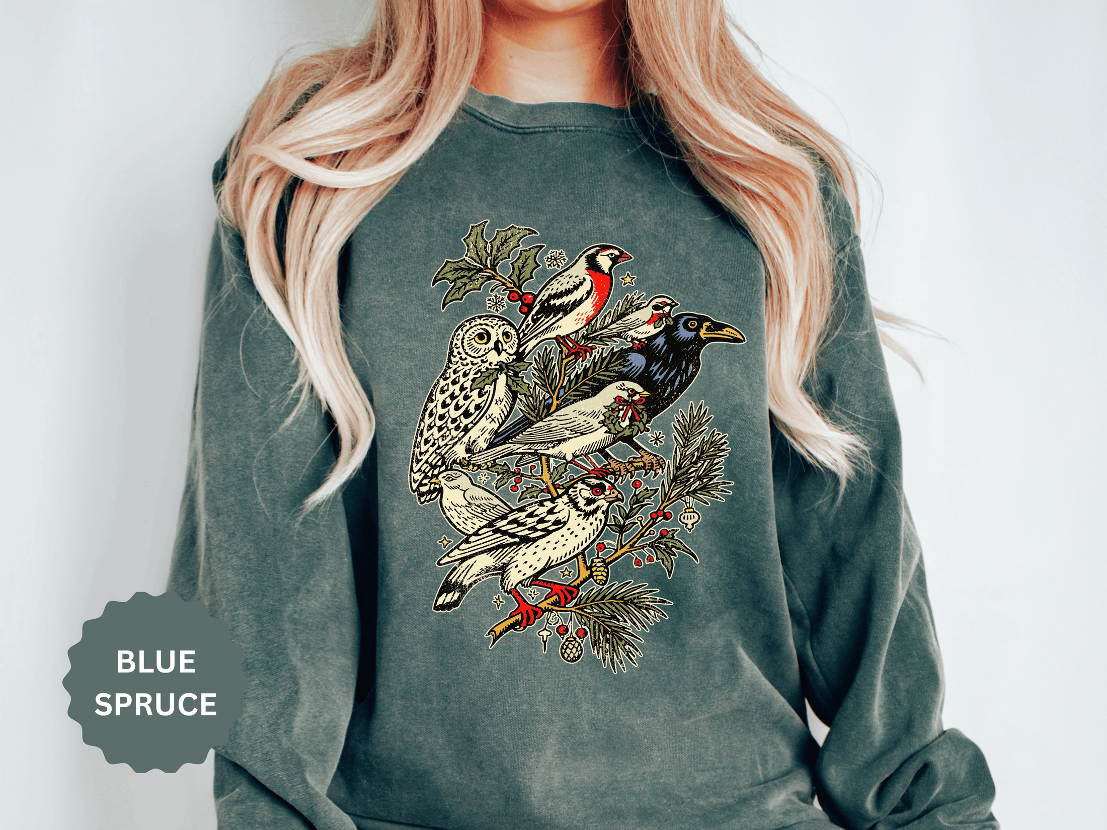 Winter Birds Graphic Sweatshirt, Vintage Woodland Pullover for Bird Lovers, Festive Nature Top, Cozy Christmas Gift for Birdwatchers