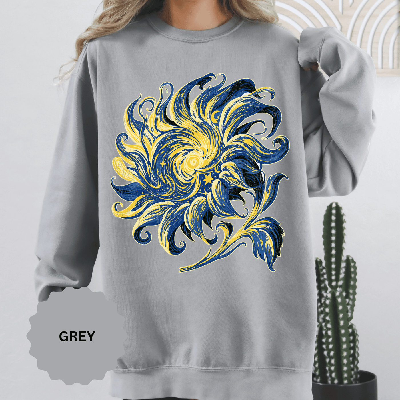 Celestial Sun Graphic Sweatshirt, Blue and Gold Cosmic Pullover, Mystical Night Sky Top, Astrology Gift for Stargazers and Dreamers