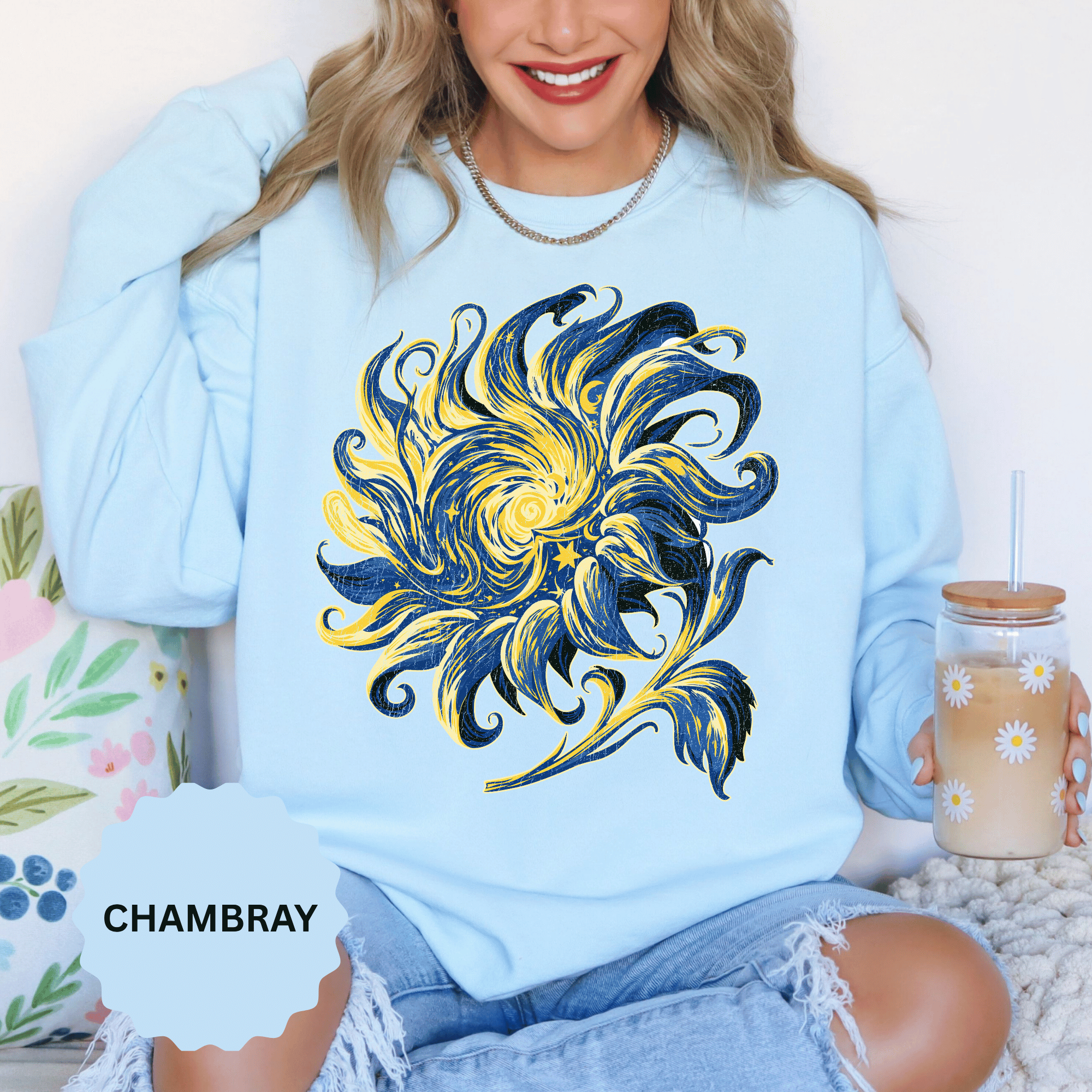 Celestial Sun Graphic Sweatshirt, Blue and Gold Cosmic Pullover, Mystical Night Sky Top, Astrology Gift for Stargazers and Dreamers