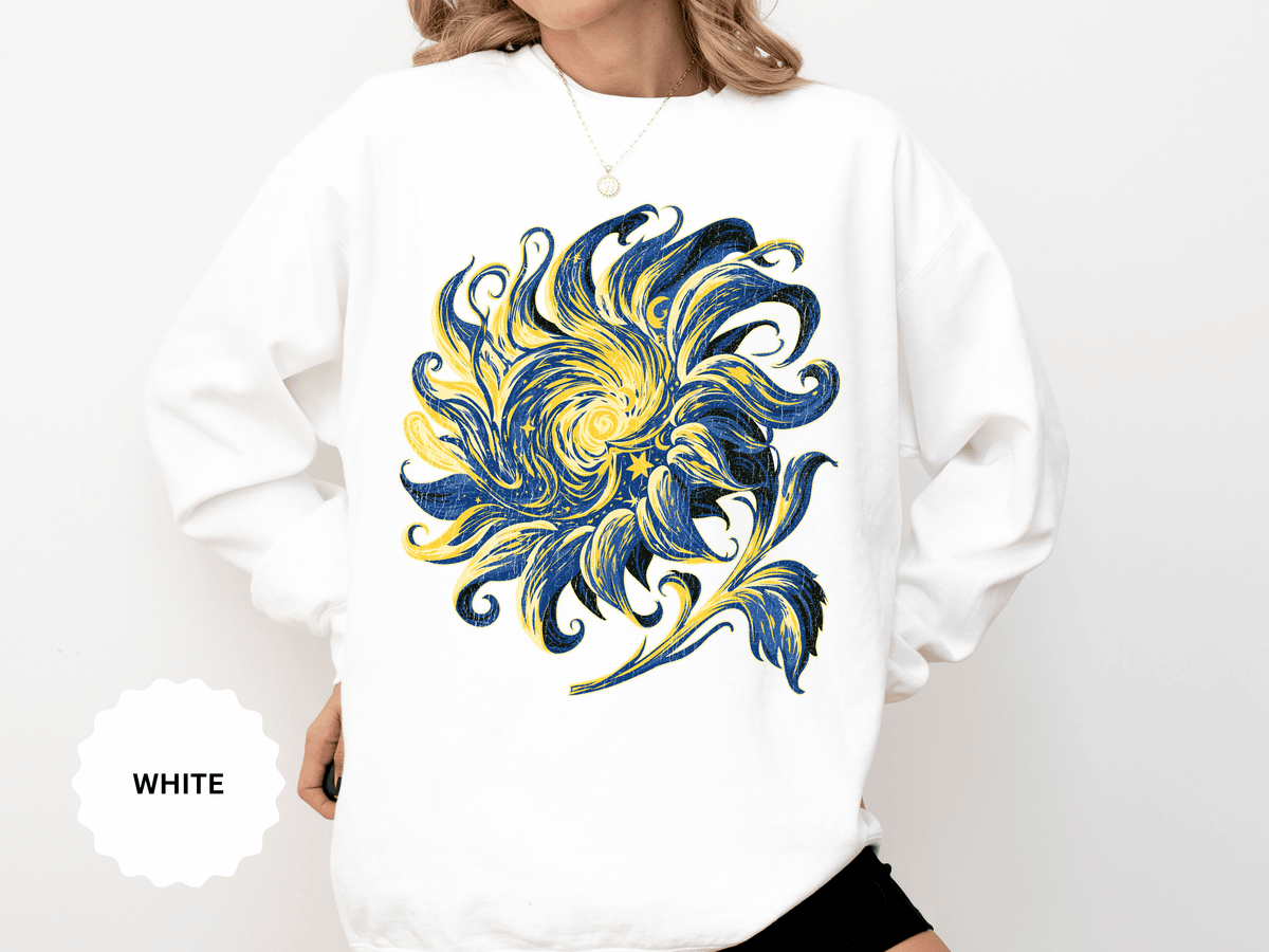Celestial Sun Graphic Sweatshirt, Blue and Gold Cosmic Pullover, Mystical Night Sky Top, Astrology Gift for Stargazers and Dreamers