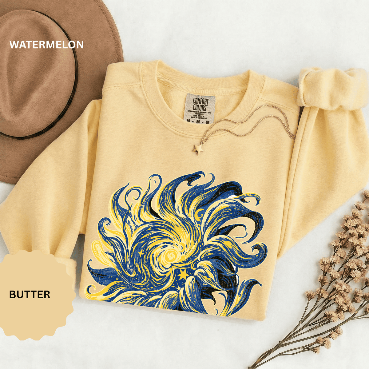 Celestial Sun Graphic Sweatshirt, Blue and Gold Cosmic Pullover, Mystical Night Sky Top, Astrology Gift for Stargazers and Dreamers