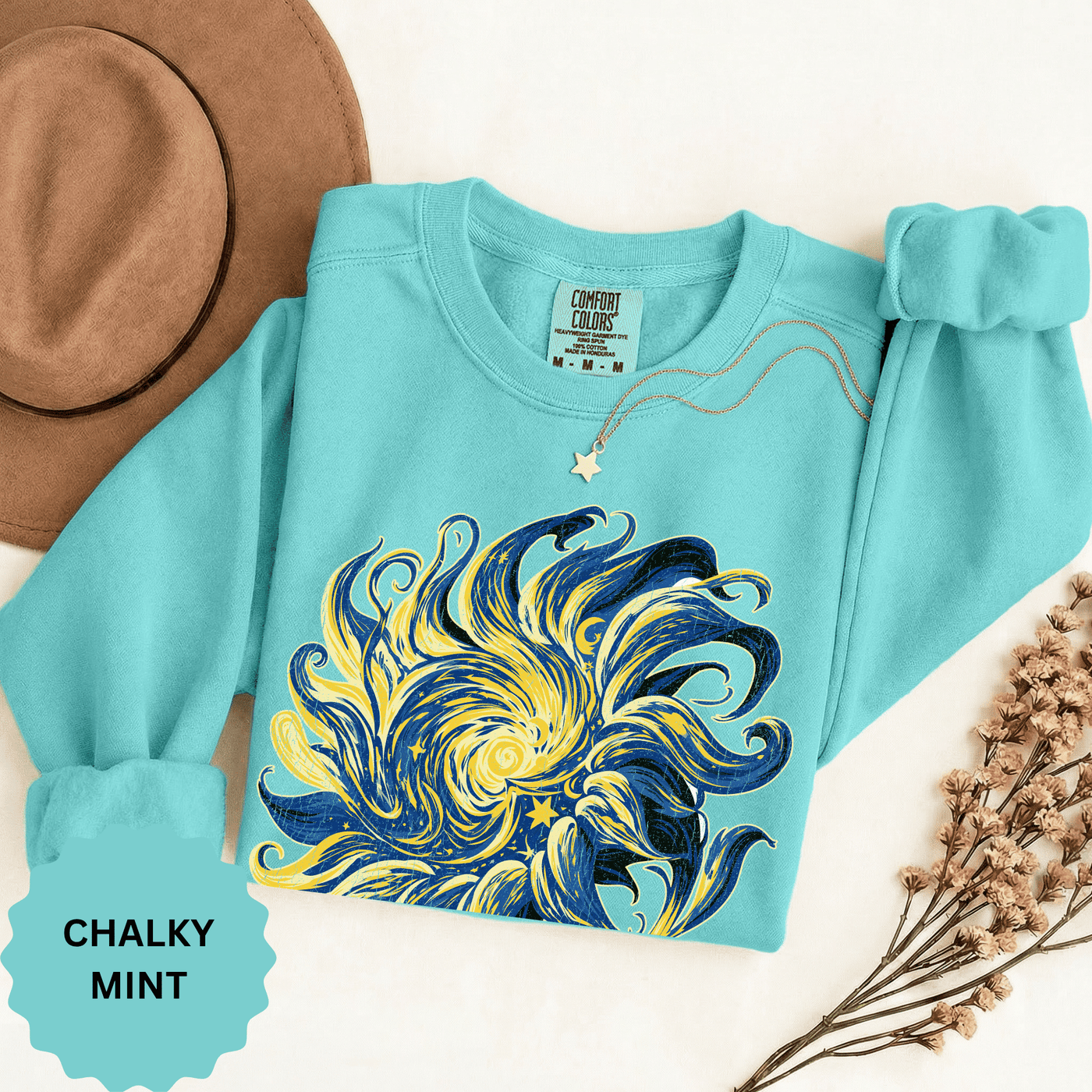 Celestial Sun Graphic Sweatshirt, Blue and Gold Cosmic Pullover, Mystical Night Sky Top, Astrology Gift for Stargazers and Dreamers