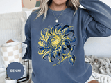 Celestial Sun Graphic Sweatshirt, Blue and Gold Cosmic Pullover, Mystical Night Sky Top, Astrology Gift for Stargazers and Dreamers