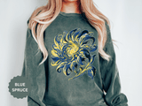 Celestial Sun Graphic Sweatshirt, Blue and Gold Cosmic Pullover, Mystical Night Sky Top, Astrology Gift for Stargazers and Dreamers