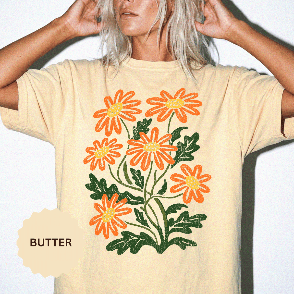 Orange Daisy Graphic Shirt, Retro Floral T-Shirt for Flower Lovers, Groovy Botanical Tee, Cheerful Garden Gift for Women and Gardeners