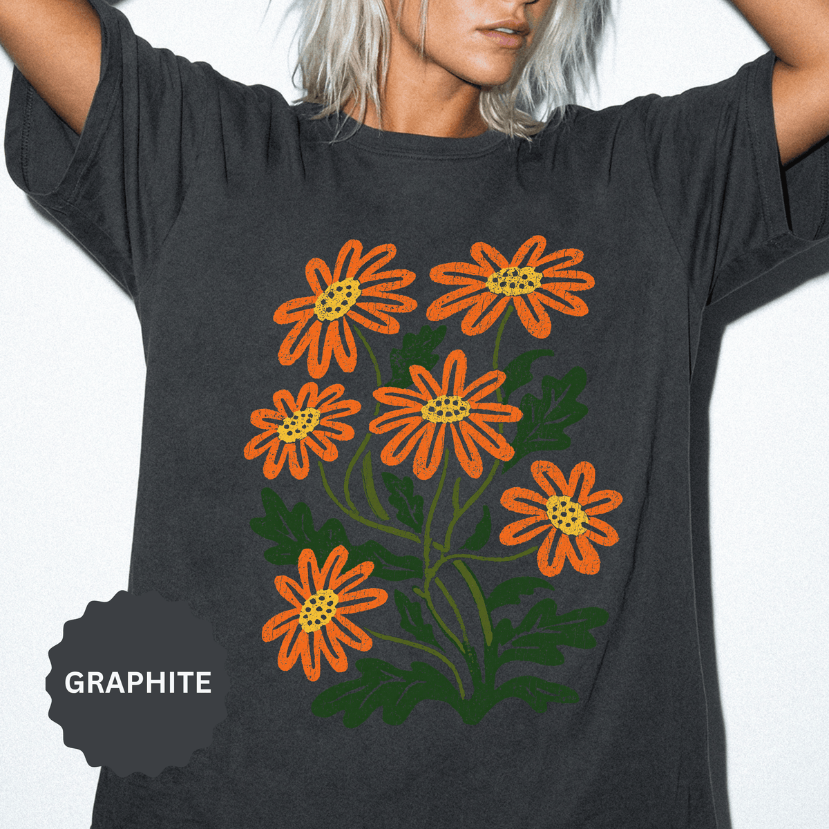 Orange Daisy Graphic Shirt, Retro Floral T-Shirt for Flower Lovers, Groovy Botanical Tee, Cheerful Garden Gift for Women and Gardeners