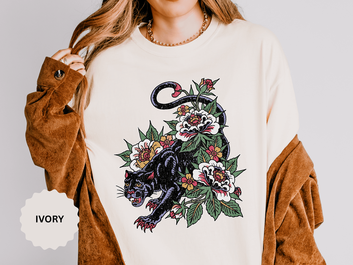 Traditional Panther Graphic Shirt, Floral Tattoo T-Shirt for Men and Women, Old School Big Cat Tee, Alternative Art Gift for Tattoo Fans
