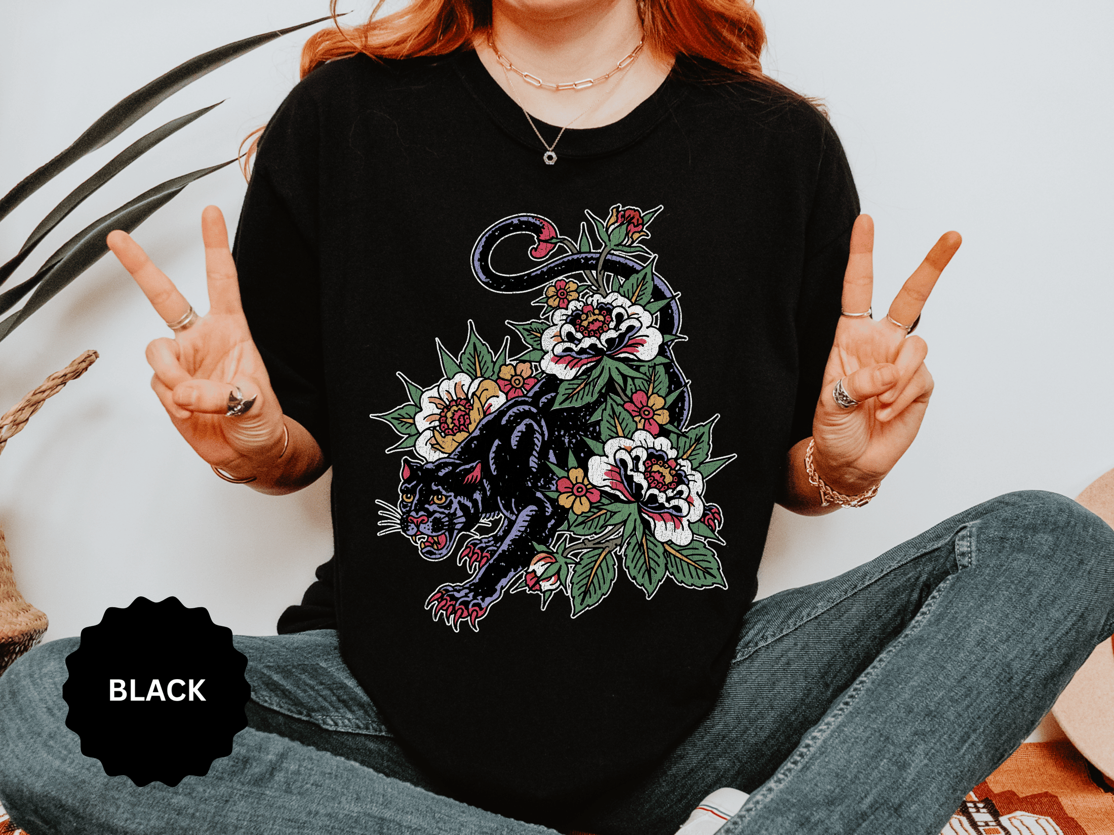 Traditional Panther Graphic Shirt, Floral Tattoo T-Shirt for Men and Women, Old School Big Cat Tee, Alternative Art Gift for Tattoo Fans
