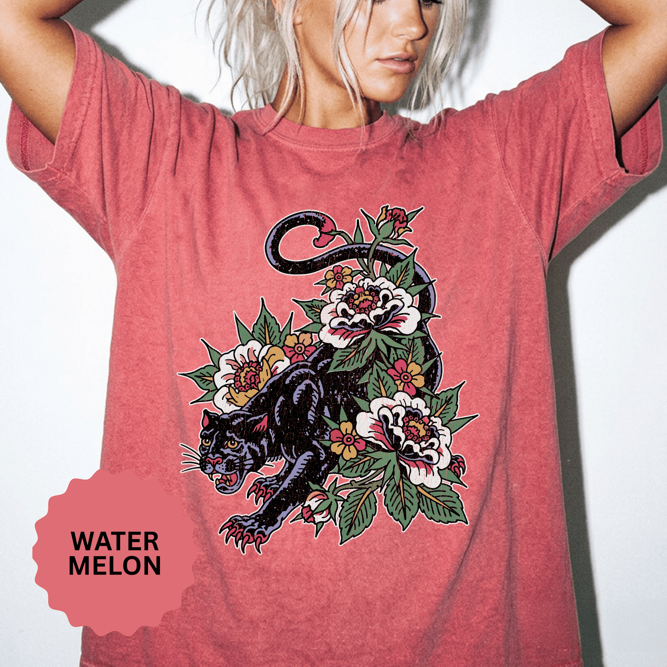 Traditional Panther Graphic Shirt, Floral Tattoo T-Shirt for Men and Women, Old School Big Cat Tee, Alternative Art Gift for Tattoo Fans