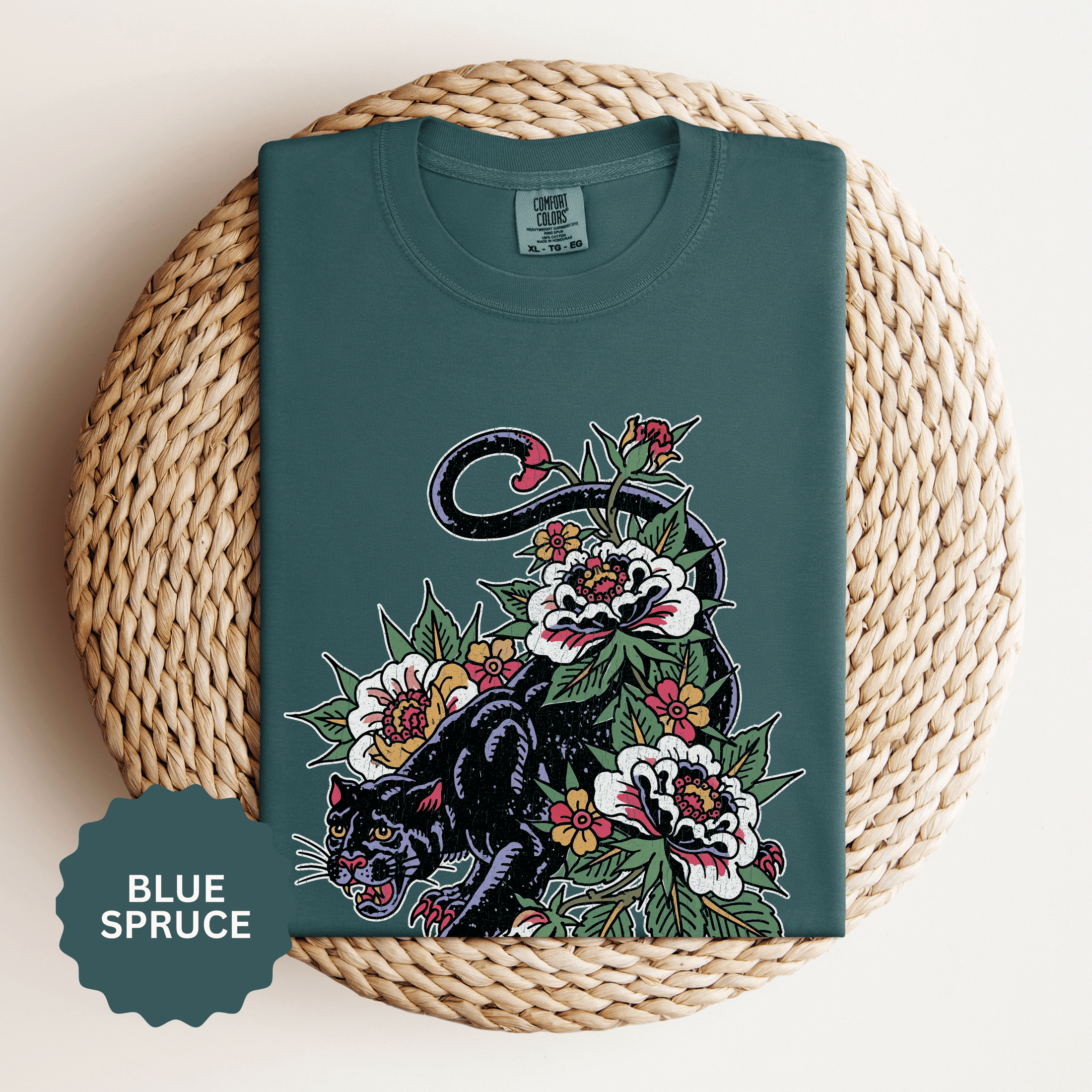 Traditional Panther Graphic Shirt, Floral Tattoo T-Shirt for Men and Women, Old School Big Cat Tee, Alternative Art Gift for Tattoo Fans