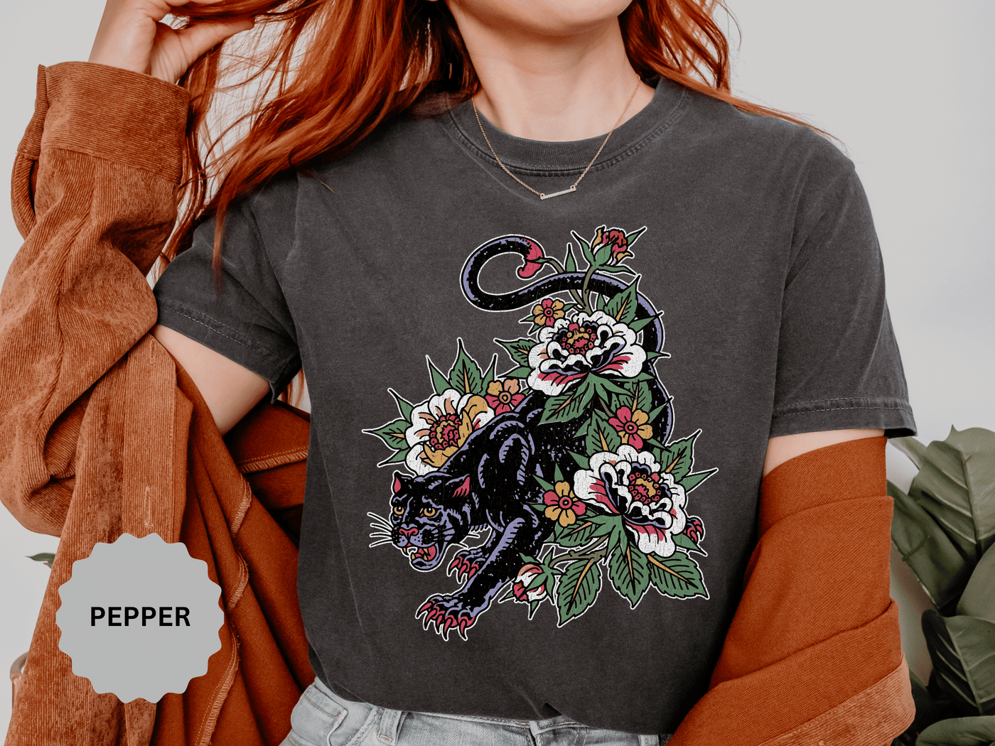 Traditional Panther Graphic Shirt, Floral Tattoo T-Shirt for Men and Women, Old School Big Cat Tee, Alternative Art Gift for Tattoo Fans