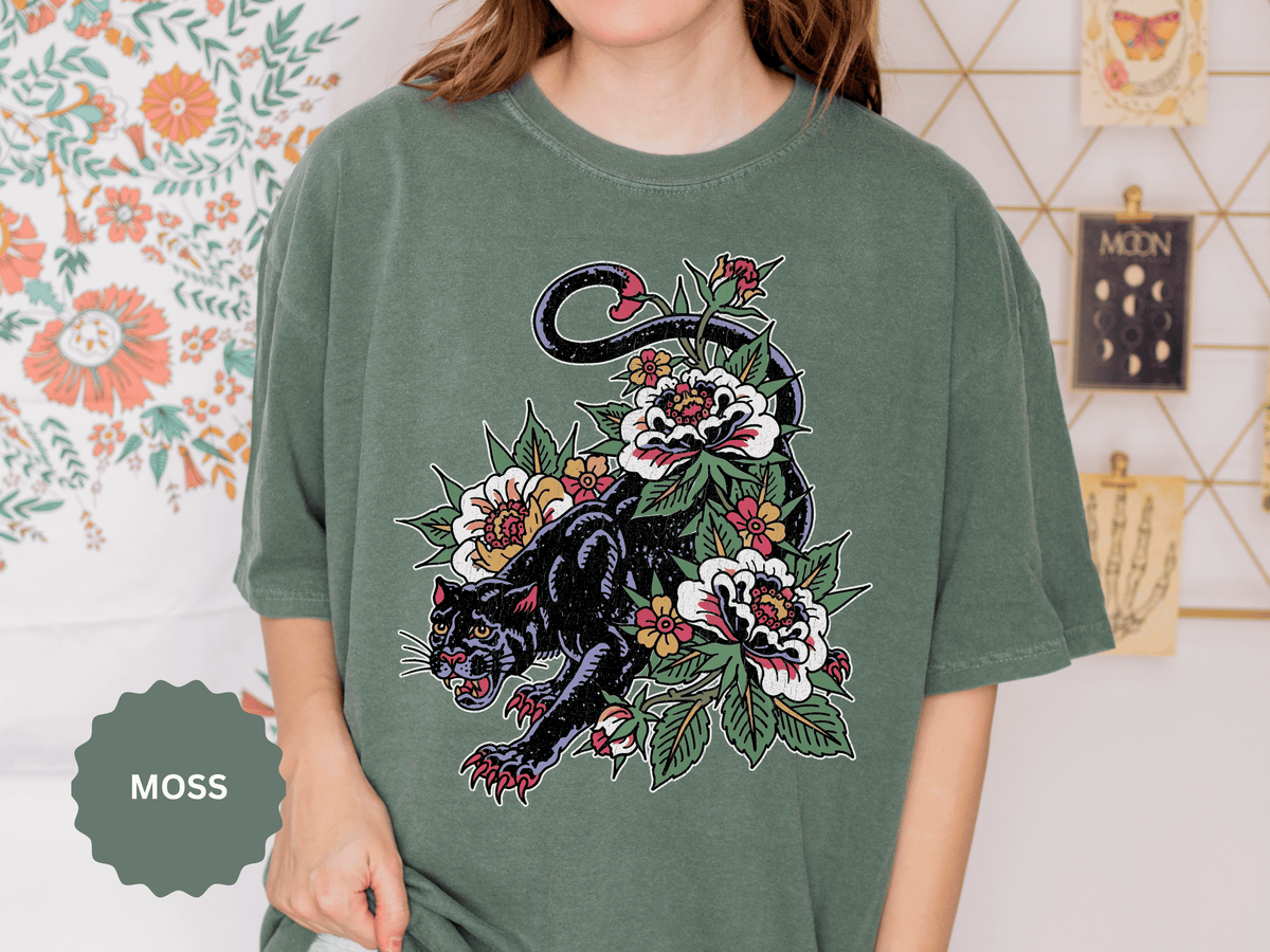 Traditional Panther Graphic Shirt, Floral Tattoo T-Shirt for Men and Women, Old School Big Cat Tee, Alternative Art Gift for Tattoo Fans