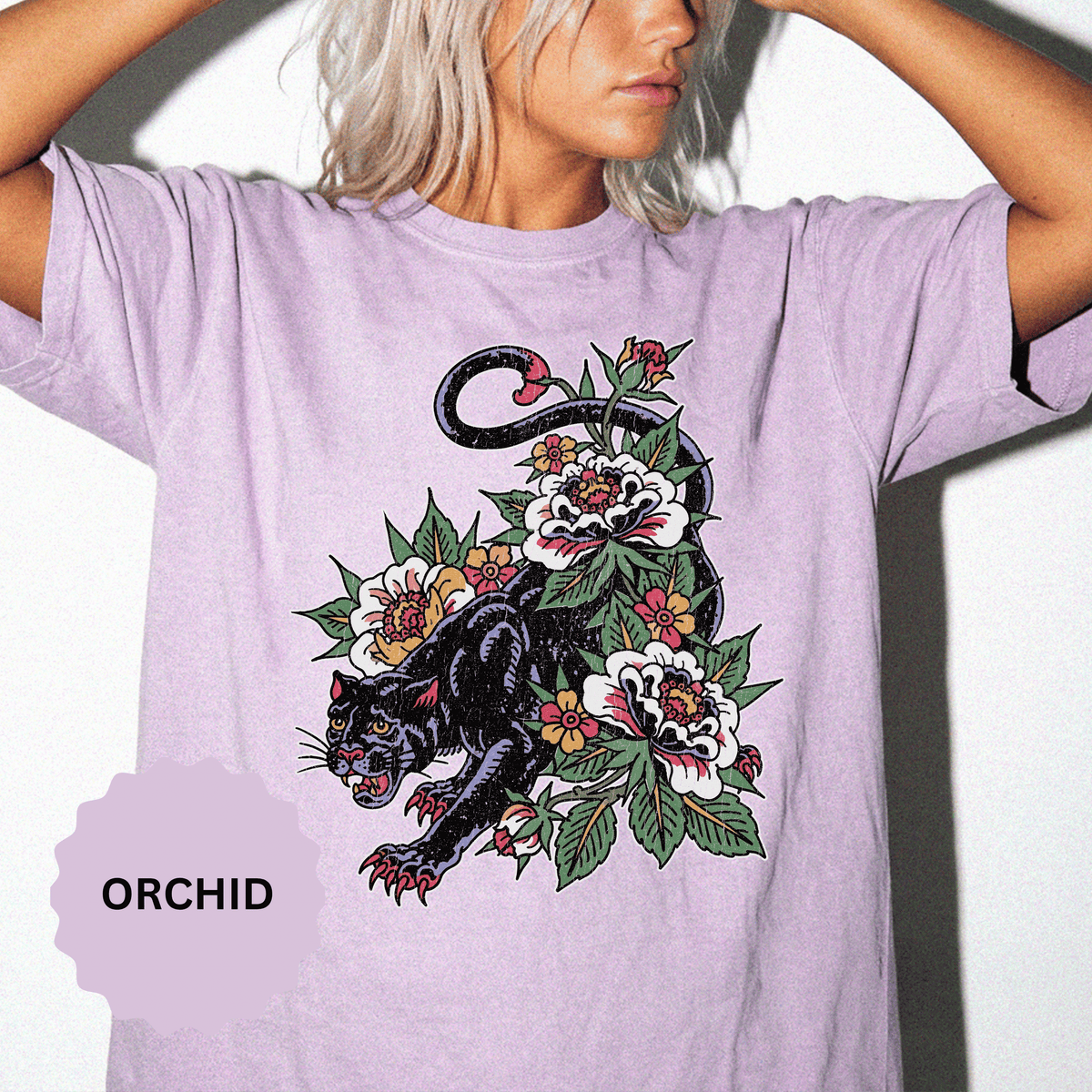 Traditional Panther Graphic Shirt, Floral Tattoo T-Shirt for Men and Women, Old School Big Cat Tee, Alternative Art Gift for Tattoo Fans