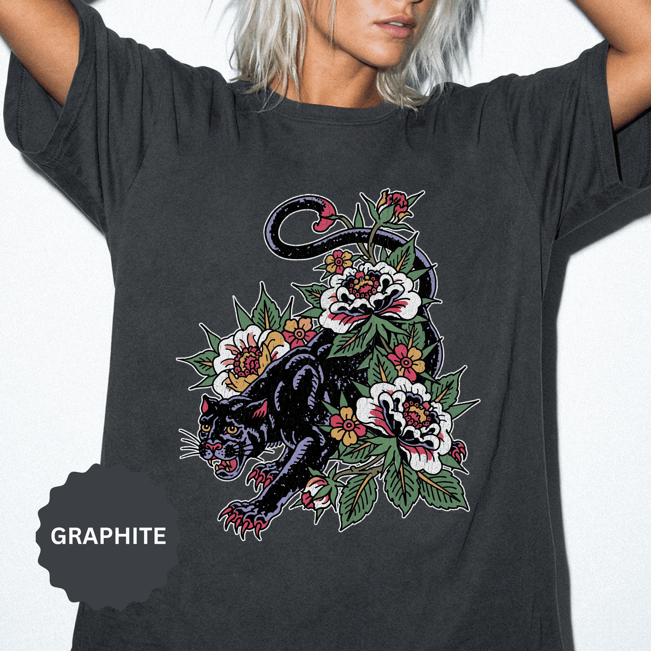 Traditional Panther Graphic Shirt, Floral Tattoo T-Shirt for Men and Women, Old School Big Cat Tee, Alternative Art Gift for Tattoo Fans