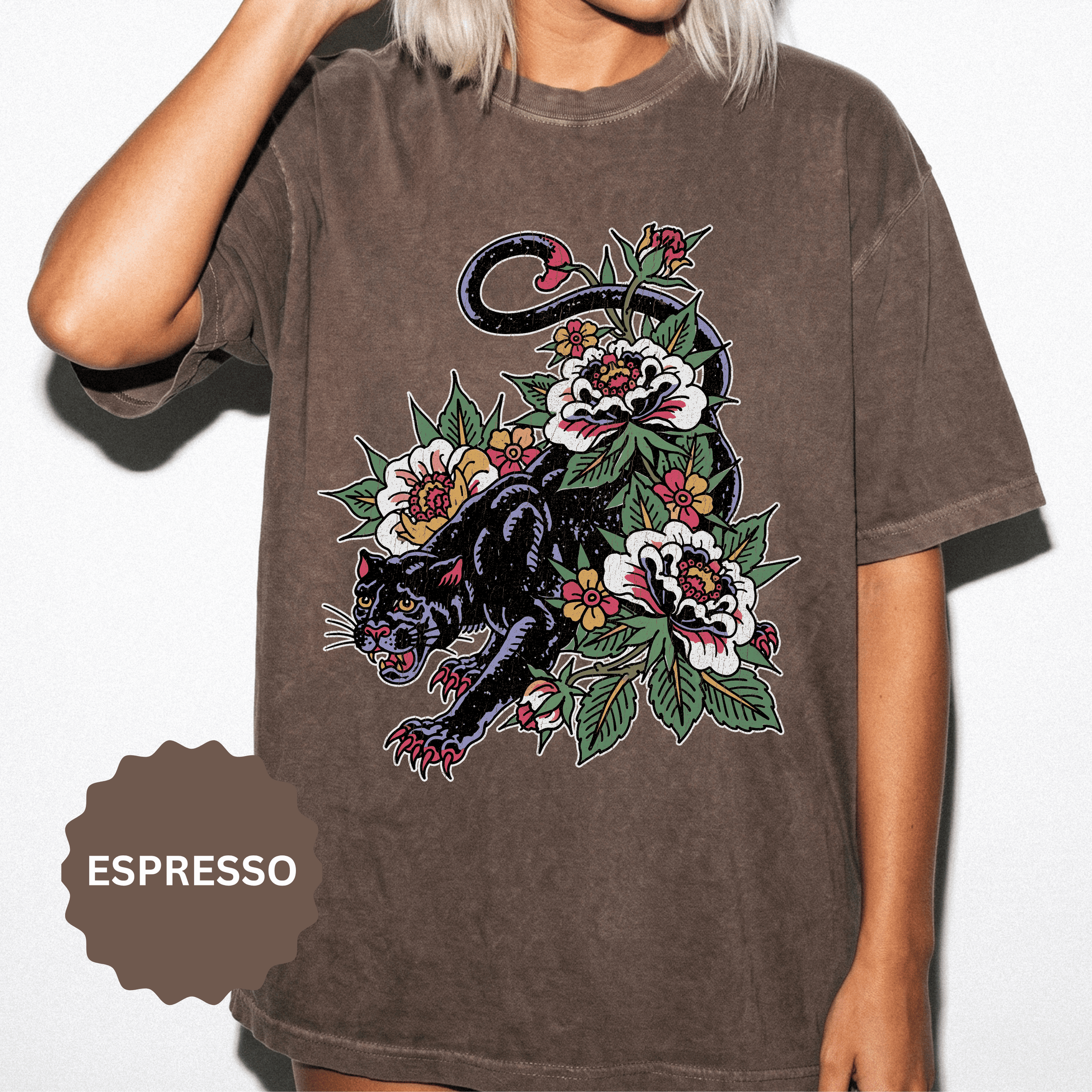 Traditional Panther Graphic Shirt, Floral Tattoo T-Shirt for Men and Women, Old School Big Cat Tee, Alternative Art Gift for Tattoo Fans